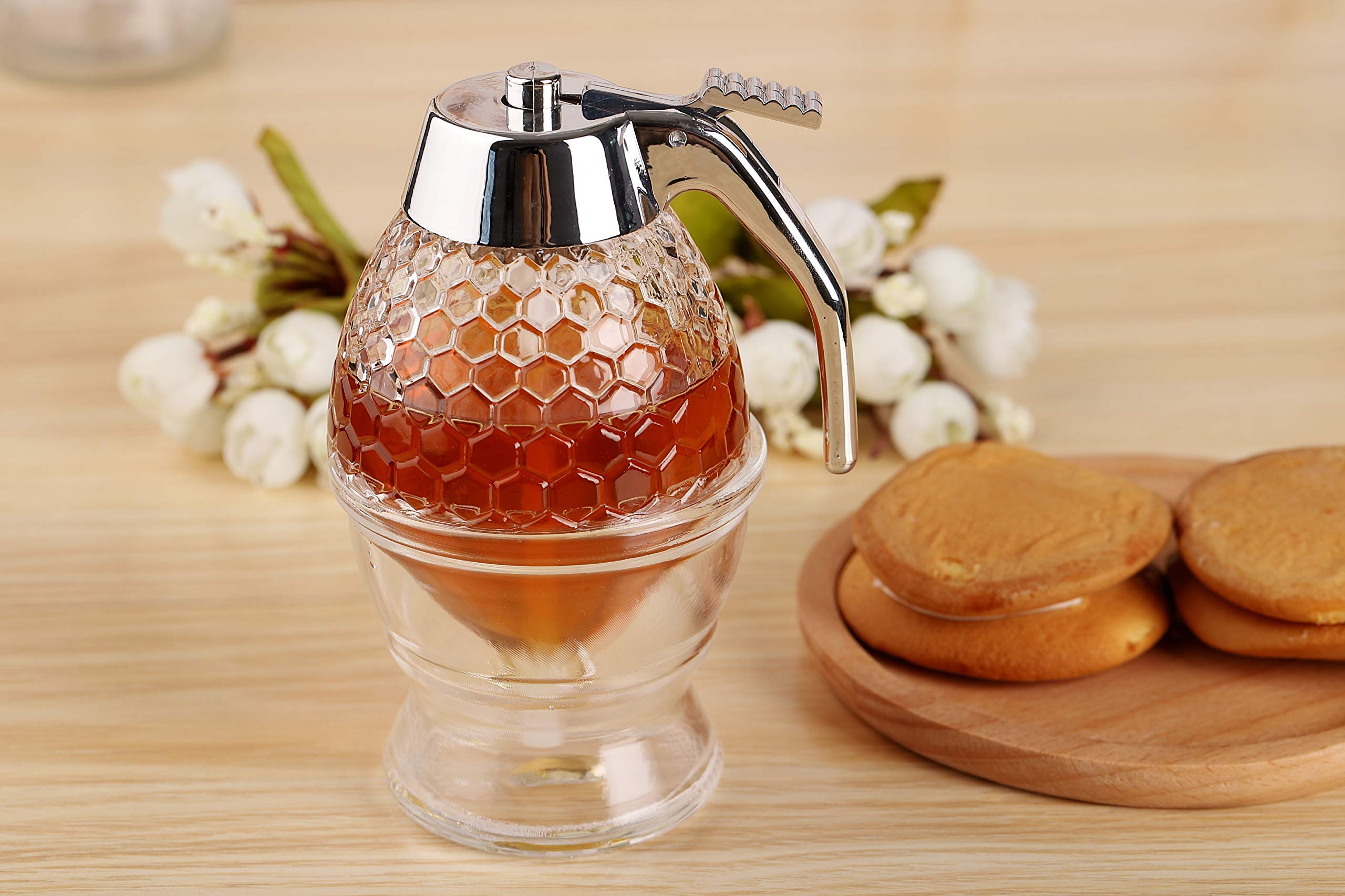 Hunnibi No Drip Glass Honey Dispenser - Beautiful Honeycomb Shaped Pot And Maple Syrup Dispenser - Great Bee Decor And Stand - H