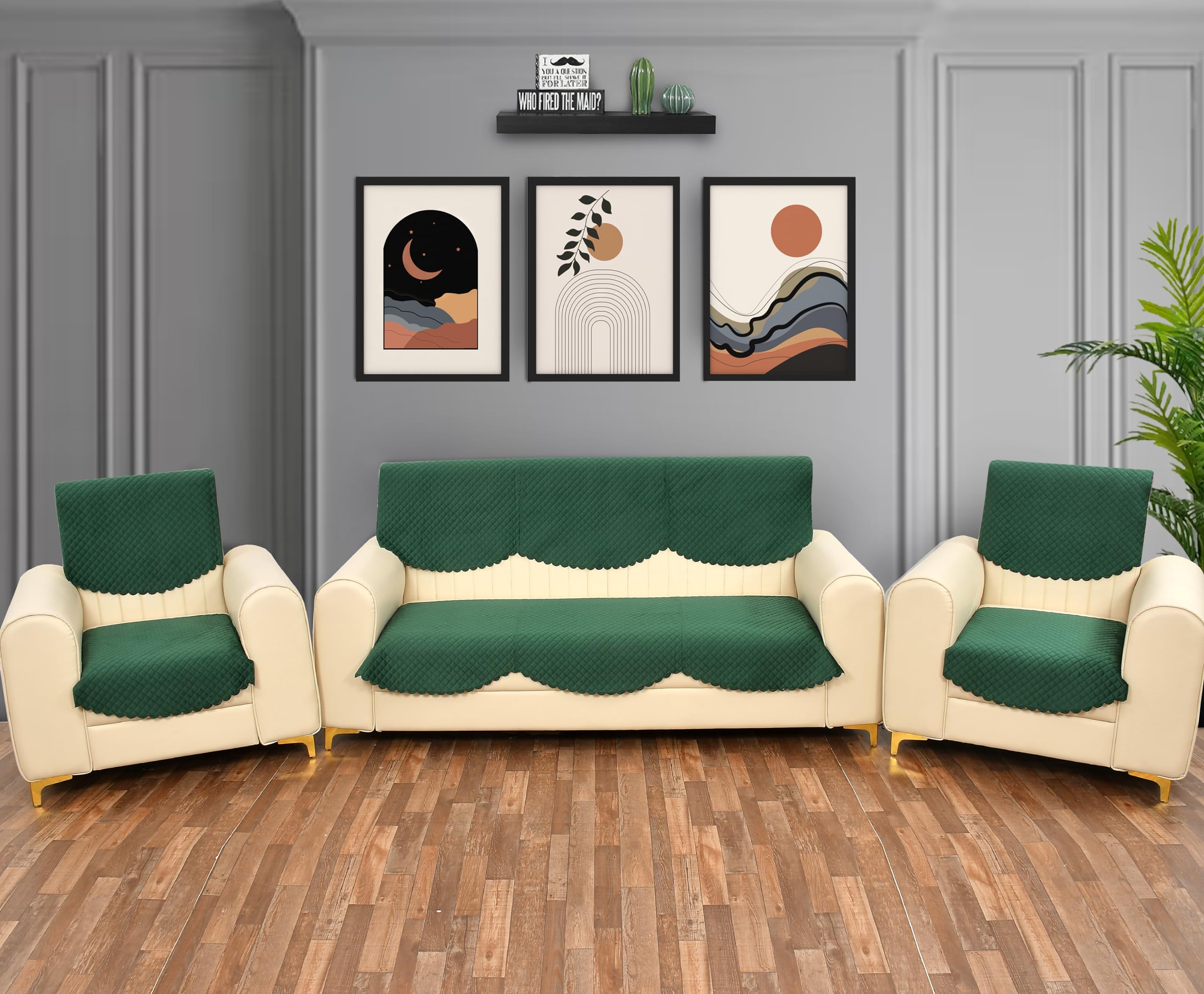 Yellow Weaves Velvet 5 Seater Self Design Quilted Sofa Cover And Chair Cover, Seat & Back Cover, Color - Dark Green