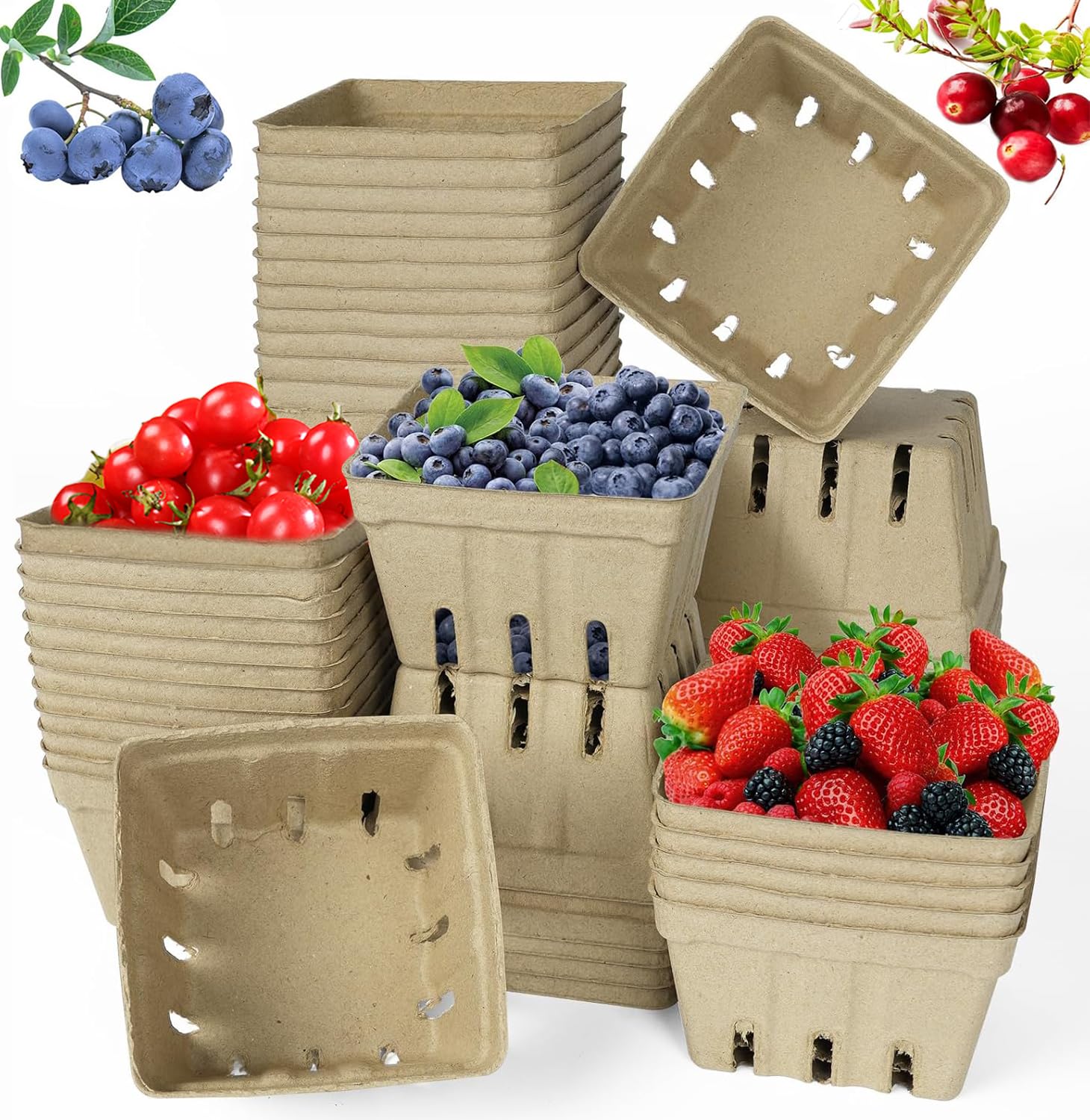 30/60 Pack Natural Pulp Fiber Berry Baskets, Vented Produce Containers