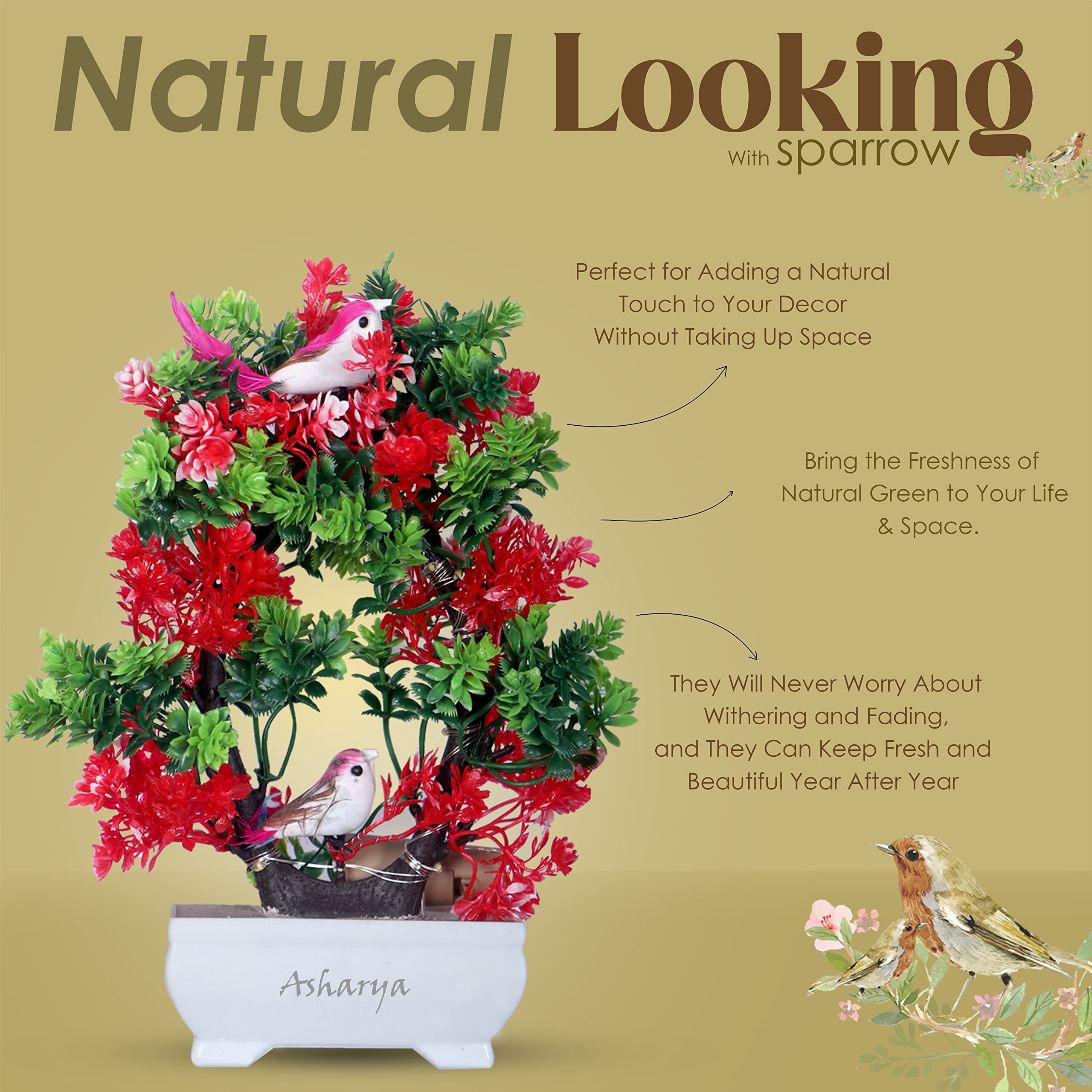 Asharya Artificial Bonsai Plant with LED Light  Faux Bonsai Tree Decor for Desk, Home, Office | Realistic Look| Small Potted Pla