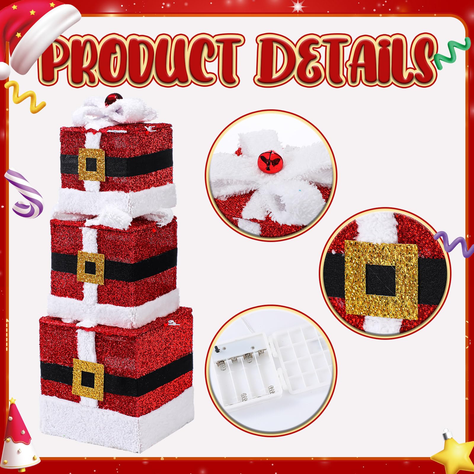 Geelin Set of 3 Christmas Lighted Gift Boxes with Santa Claus Belt in 3 Sizes 60 LED Light up Boxes Under Tree Present Box Decor