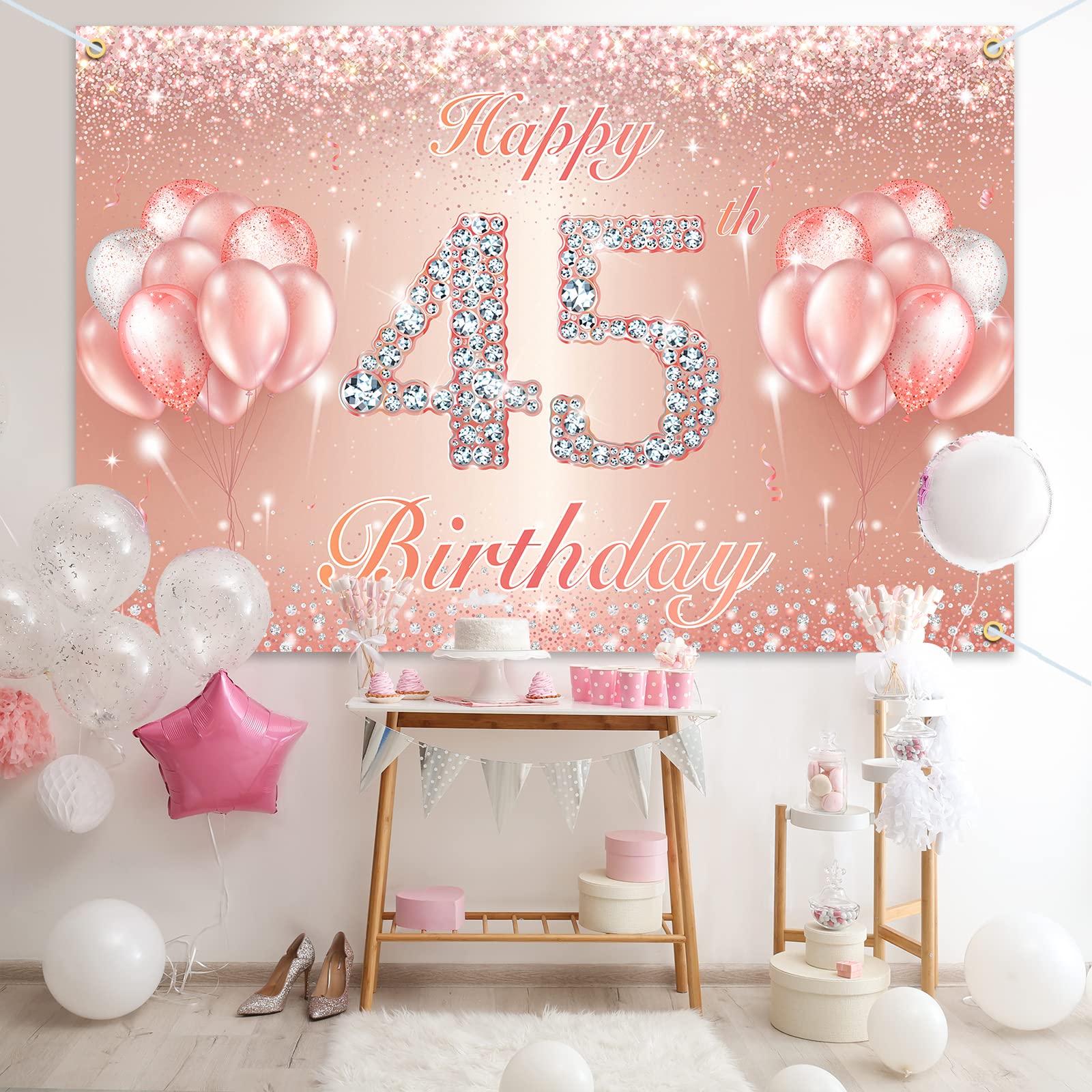 Happy 45Th Birthday Banner Backdrop - 45 Birthday Party Decorations Supplies For Women Or Men - Rose Gold 4 X 6Ft