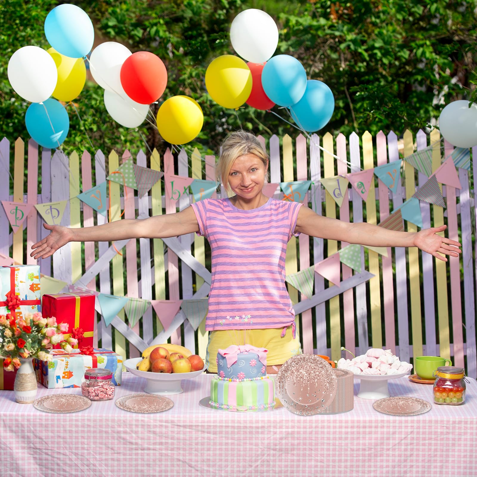 Zoiiwa 48 Pcs Rose Gold Birthday Plates Pink Rose Gold Paper Dinner Dessert Plates For Girls Women Diamond Theme Party Pink Rose