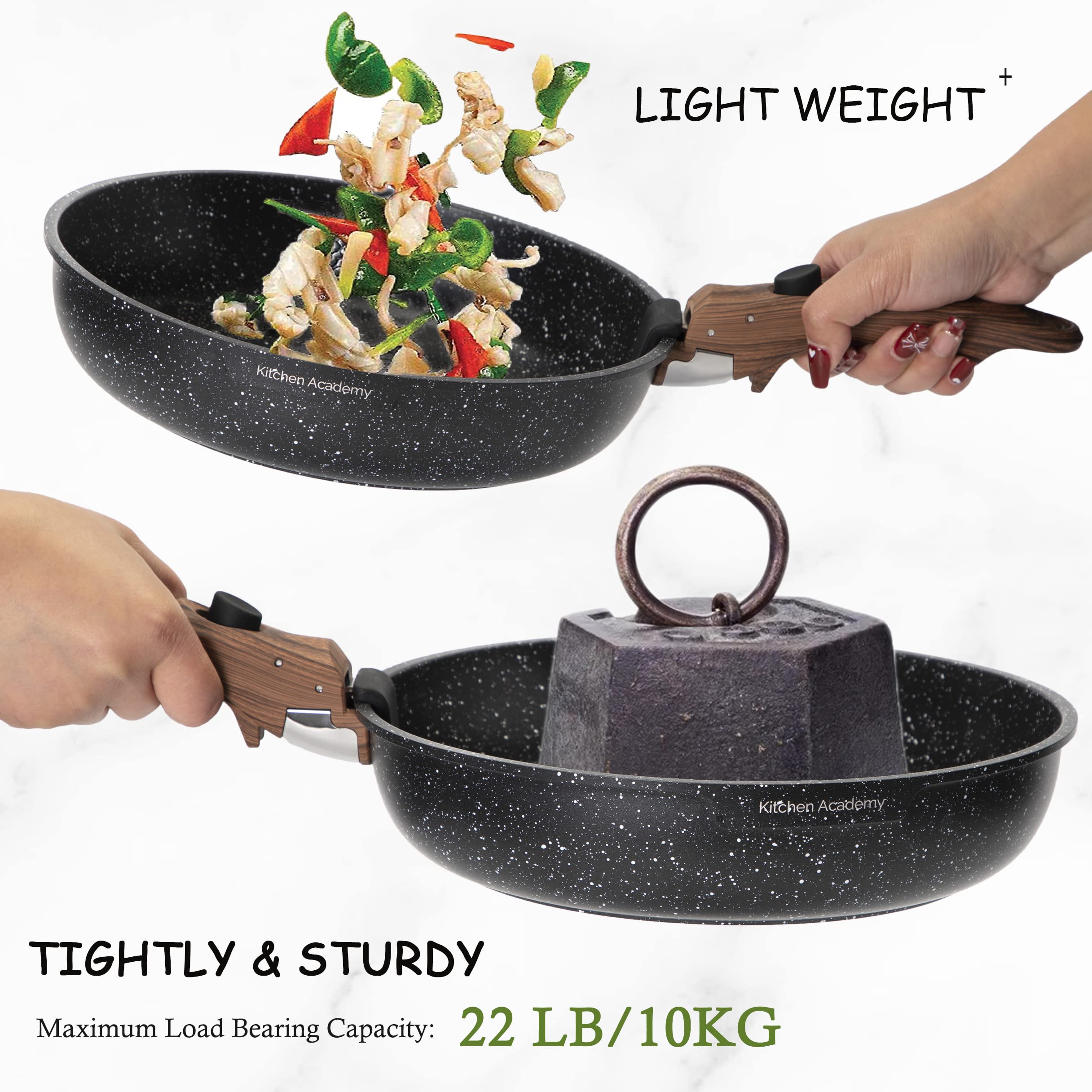 Kitchen Academy Detachable Handle Induction Cookware Sets - 10 Piece Non-stick Cooking Pots and Pans, Black Granite Stackable RV