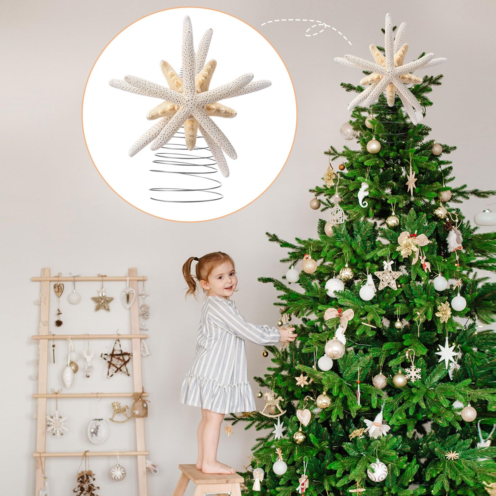 Demissle Natural Starfish Tree Topper Beach Christmas Tree Topper 6 Inch Starfish Treetop Decoration Coastal Christmas Holiday D