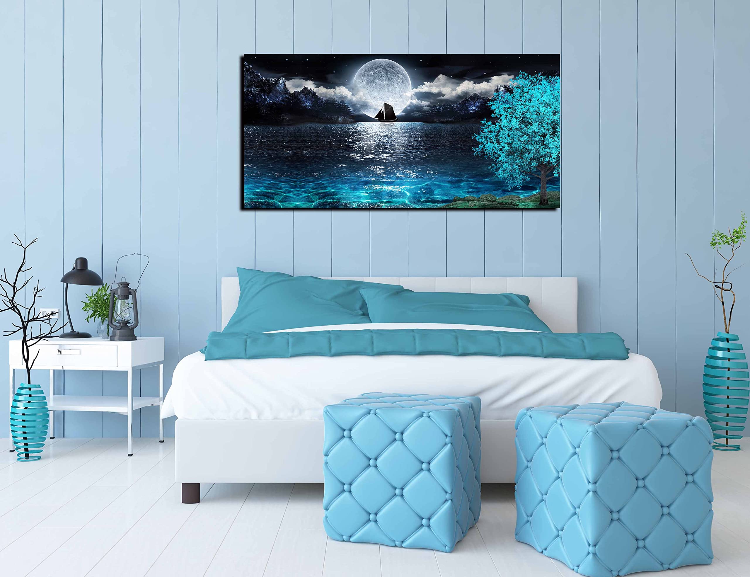Aburaeart Moon Sea Ocean Large Canvas Wall-Art For Living Room - Blue Tree Wall Decor - Large Artwork On Canvas Print Ready To H