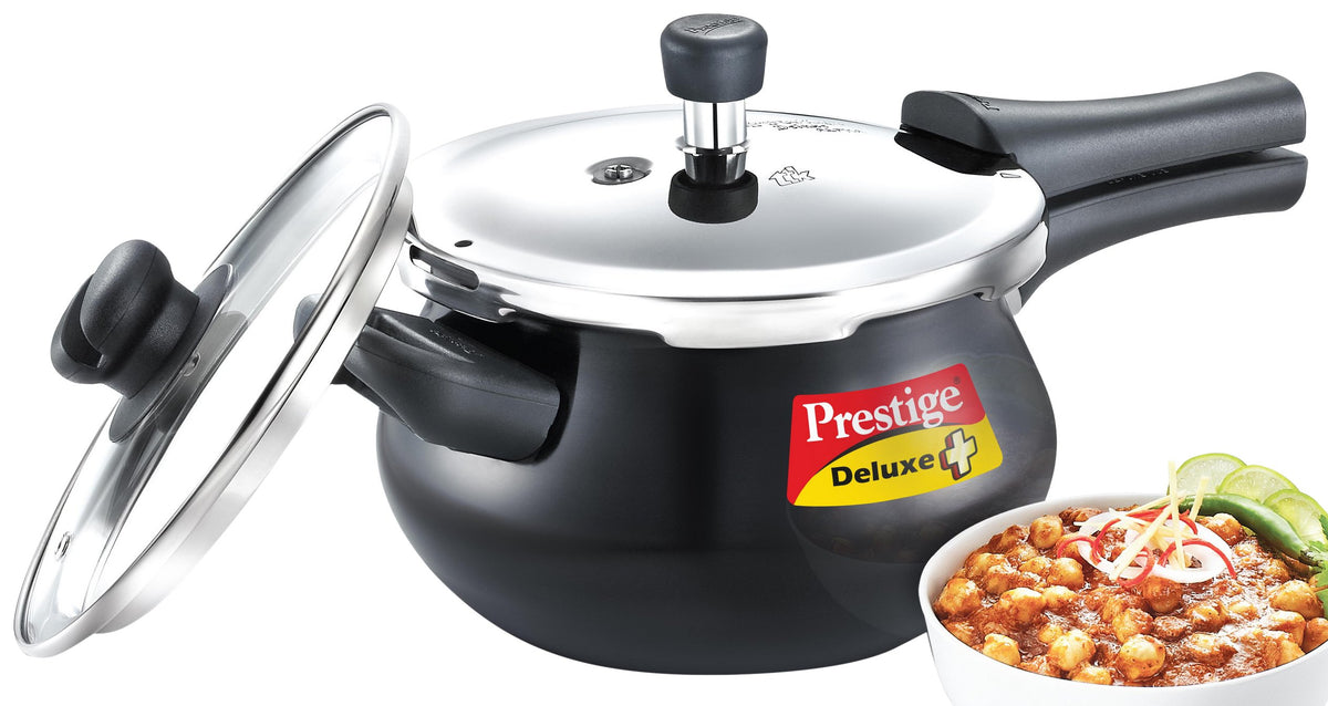 Prestige Deluxe Duo Plus Induction Base Hard Anodised Pressure Cooker Handi Glass Lid, 3.3 Litre, Black