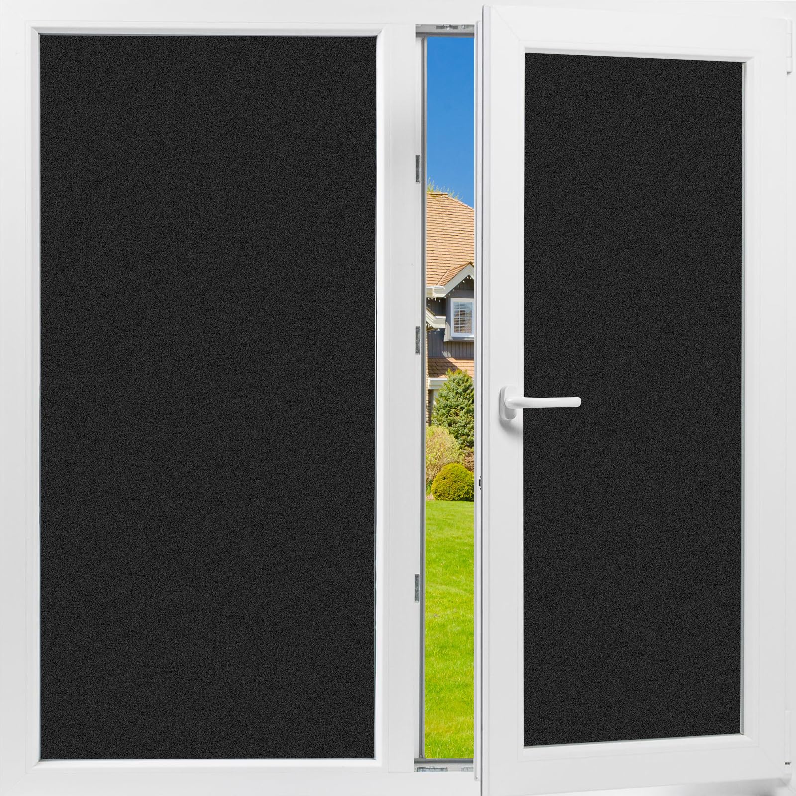 Total Blackout Window Privacy Film Day and Night 100% Light Blocking Static cling Room Darkening Window Tint Black Door Stickers for Home Office  No glue Anti-UV (Frosted-Black  175 Inch x 78 Feet)