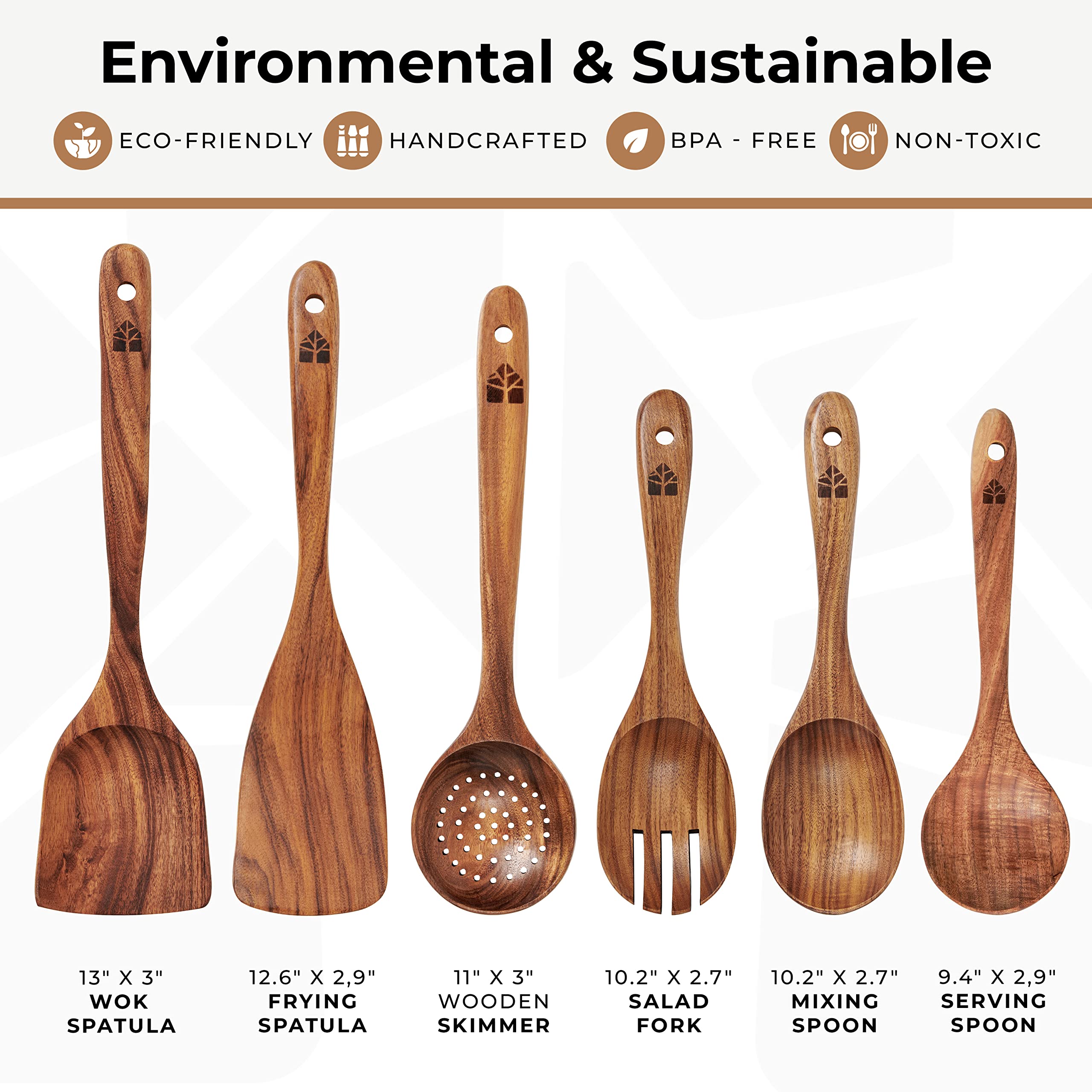 WOODENHOUSE Wooden Spoons Set - 6 Pcs Teak Kitchen Utensils, Comfortable Grip, Non-Stick Cooking Tools