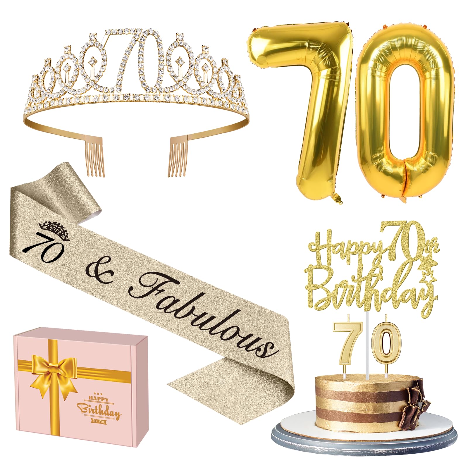 70Th Birthday Decorations For Women Gold With 70Th Birthday Sash And Tiara, 70Th Birthday Cake Topper And Birthday 70 Candles, B