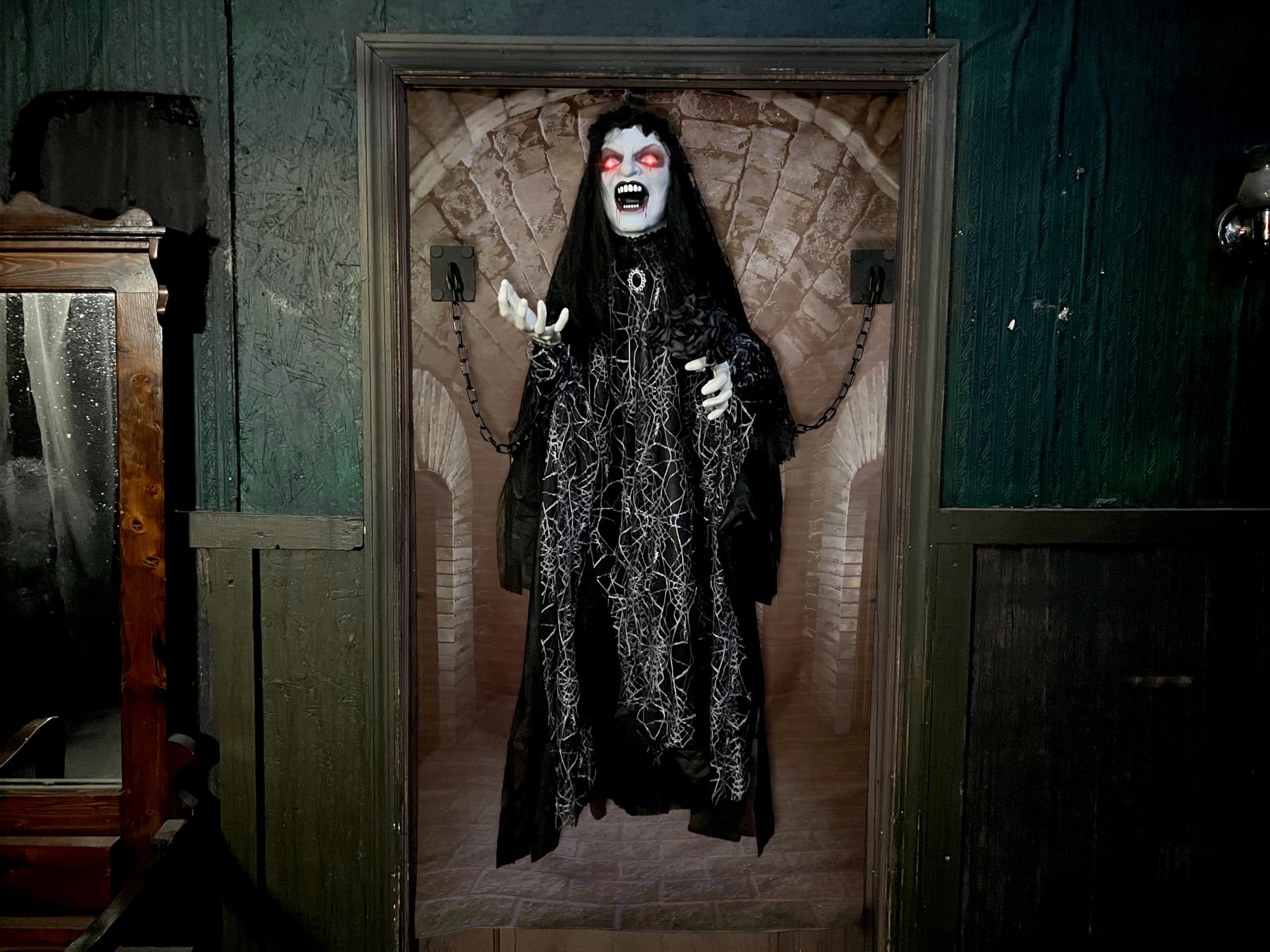 Haunted Hill Farm 4.3-Ft Animatronic Scary Demon Widow Door Greeter with Touch Activated Lights and Sound, Battery-Operated Indo
