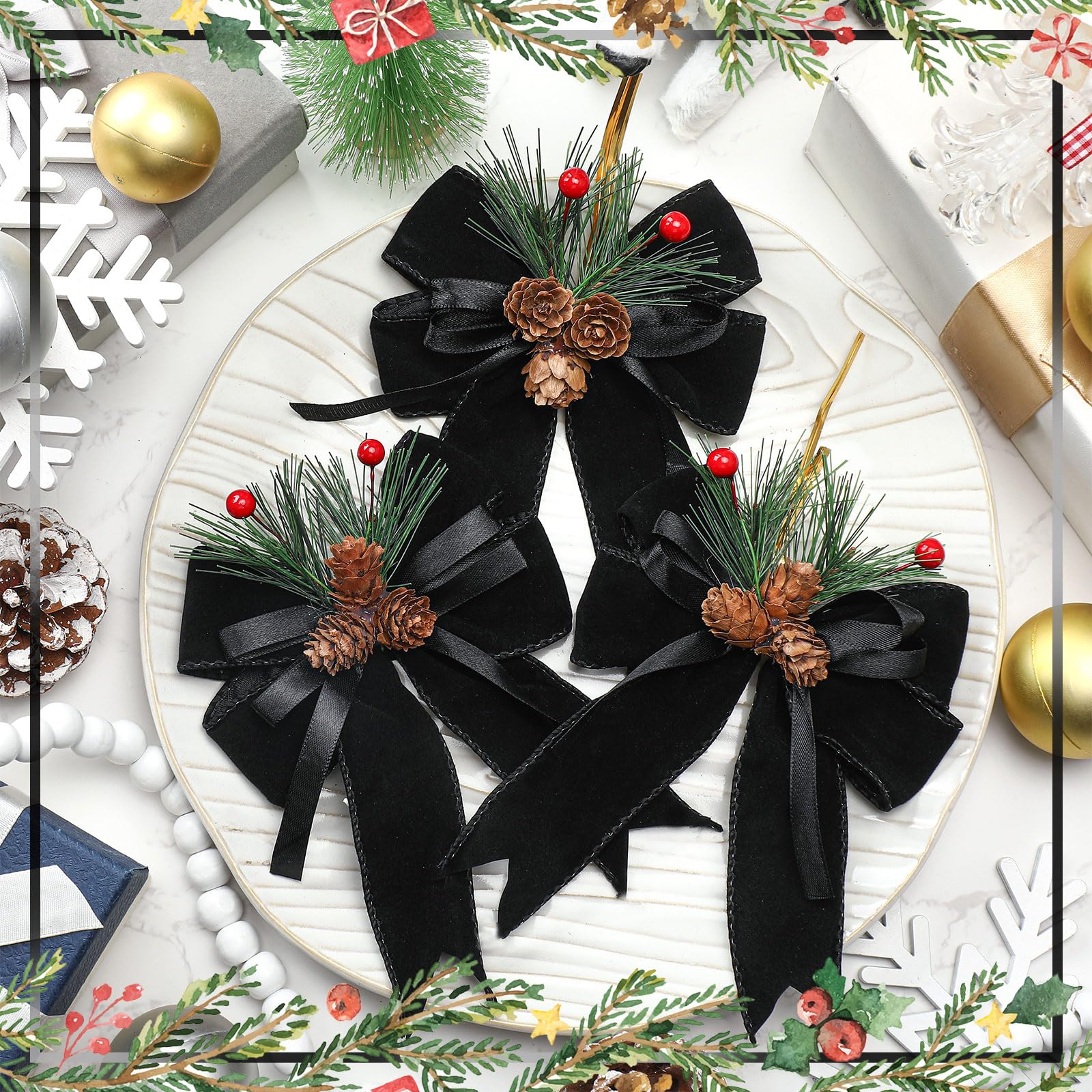 Syhood 6 Pcs Christmas Bows with Pine Cones Pine Needles Black Xmas Velvet Bows Elegant Ribbon Christmas Tree Wreath Decoration