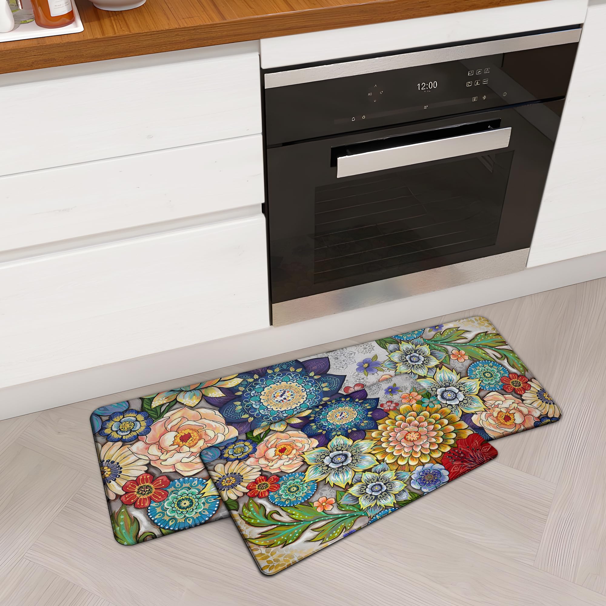 tubeamin Boho Floral Kitchen Rugs Mats for Floor 2 Piece Cushioned Anti Fatigue Memory Foam Mat Non Slip Standing Desk Padded Co