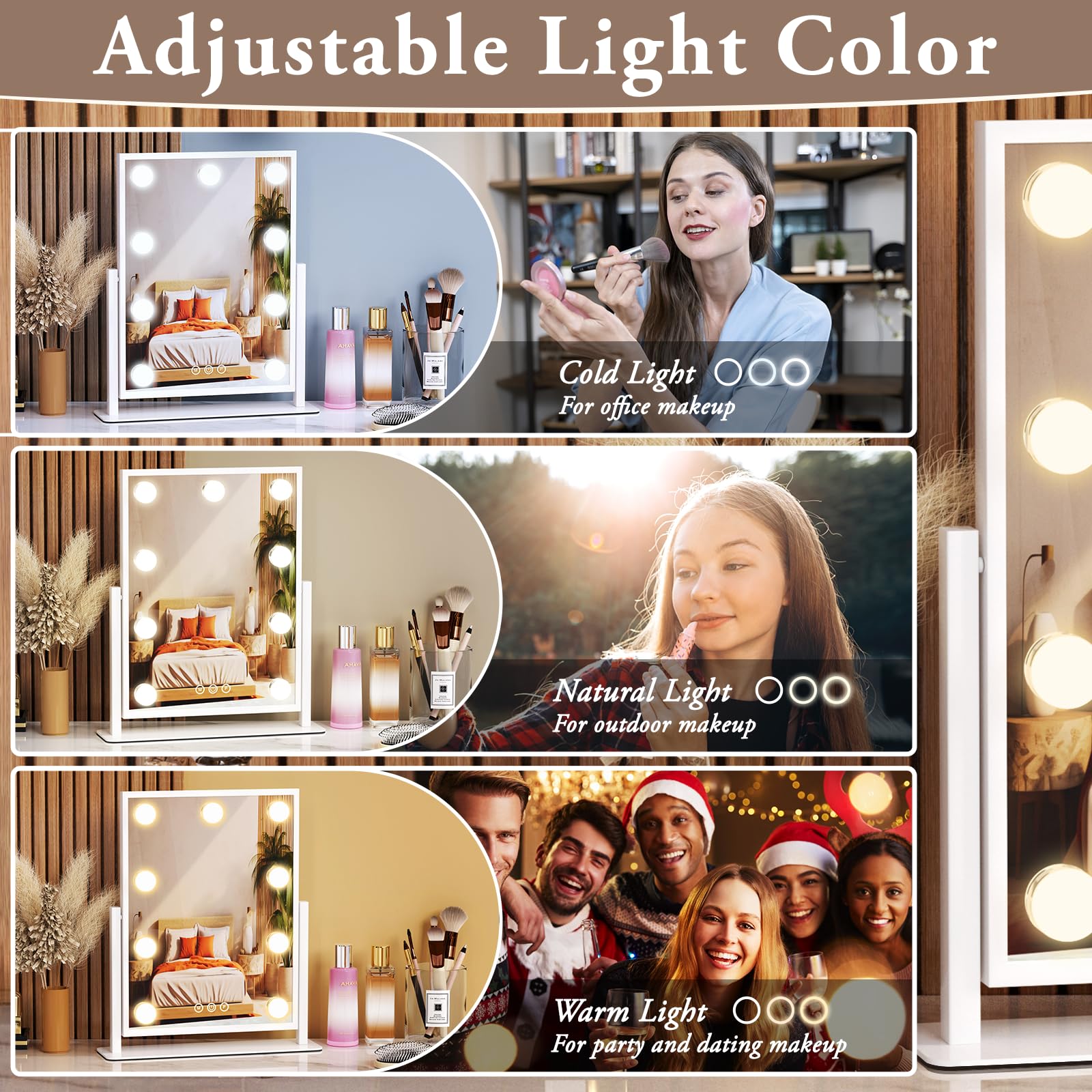 Vanity Mirror With Lights, Lighted Makeup Mirror Hollywood Makeup Mirror With 9 Dimmable Bulbs And 3 Color Lighting Modes, Smart