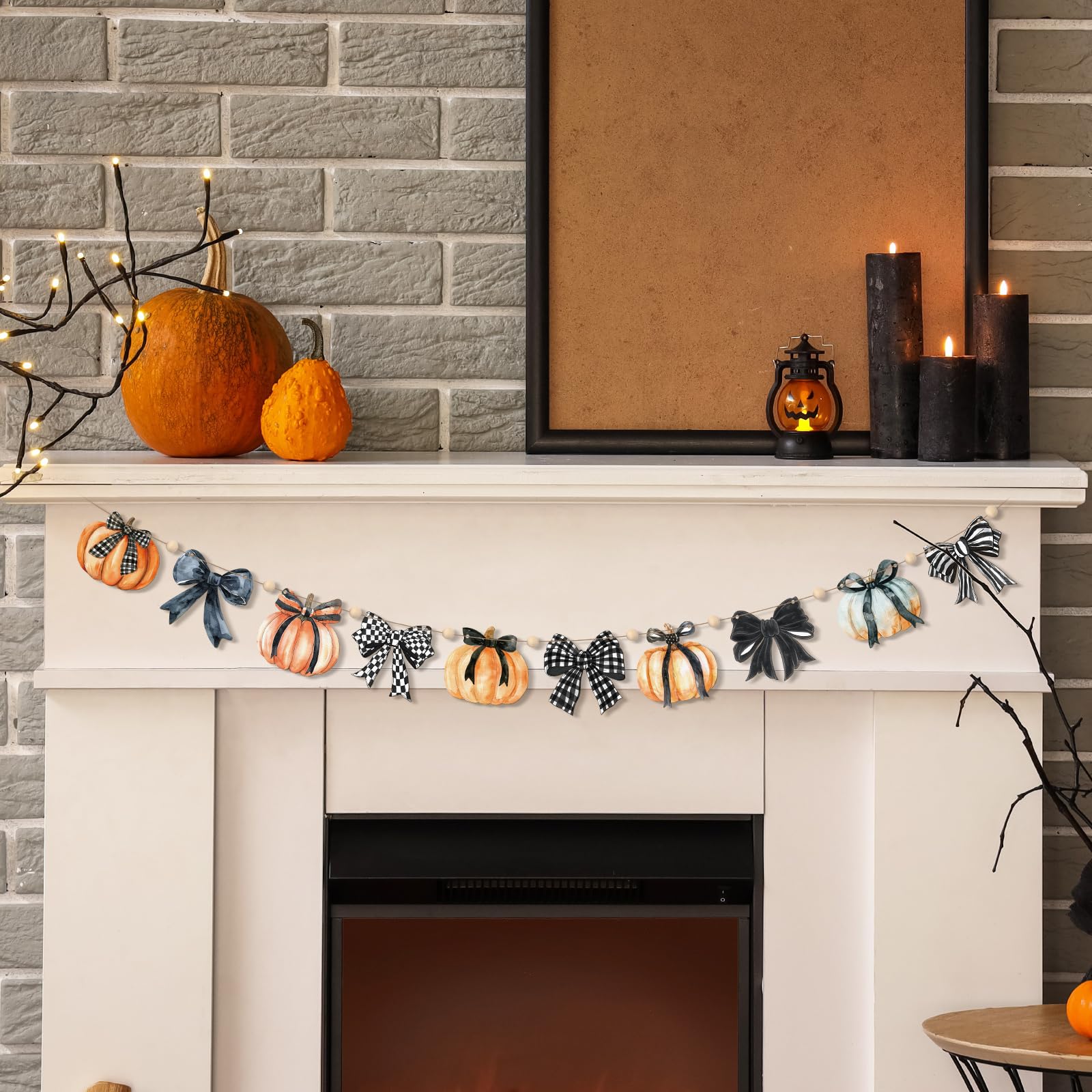 Cinnvoice 8.2 ft Fall Decoration for Home Plaid Wooden Pumpkin Garland Halloween Black Bow Pumpkin Banner Rustic Farmhouse Wood