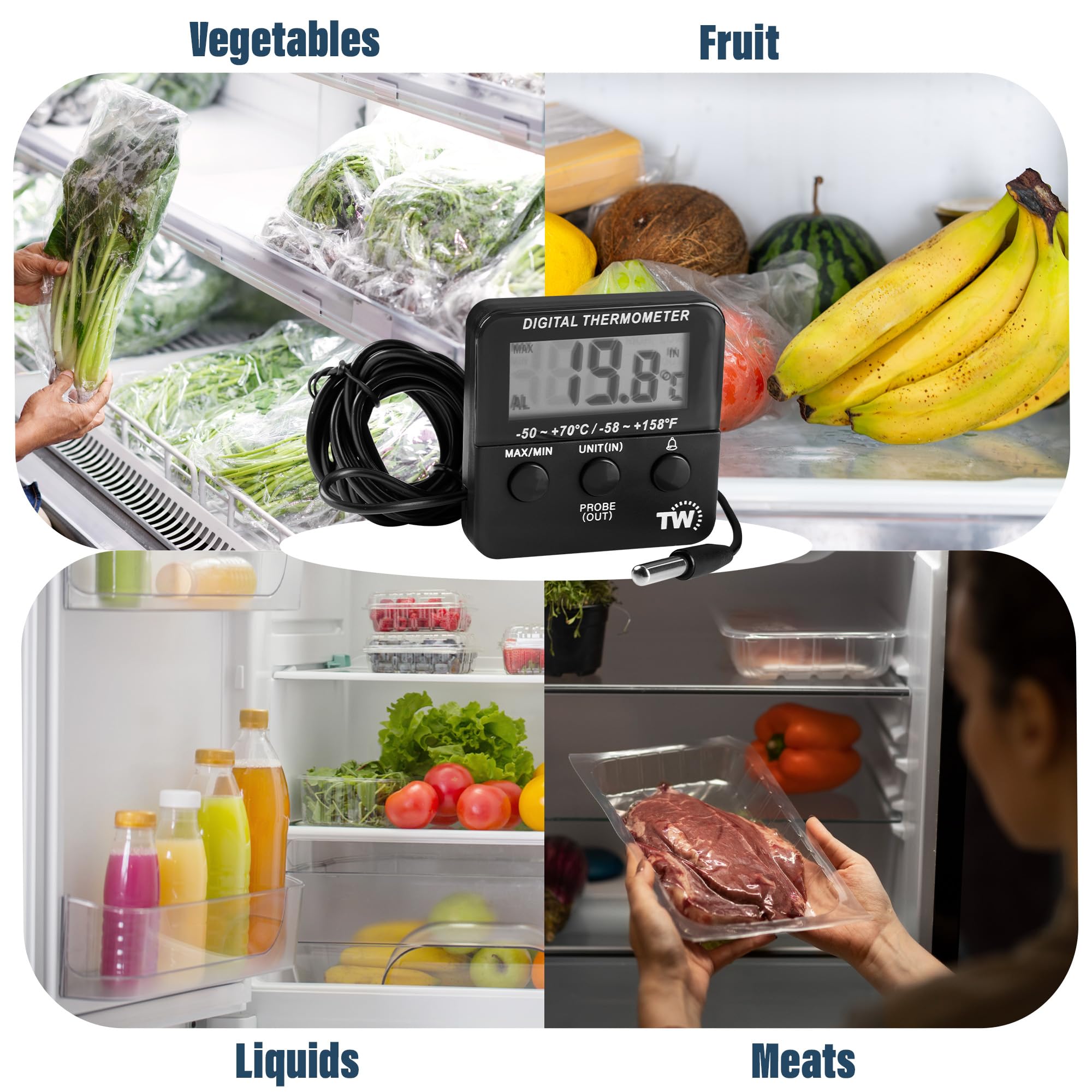 Digital Fridge Freezer Thermometer with Fridge Freezer Temperature Alarm and Max Min Function - Refrigerator Thermometer for Fridge and Freezer Alarm Alert When Temperatures Drop