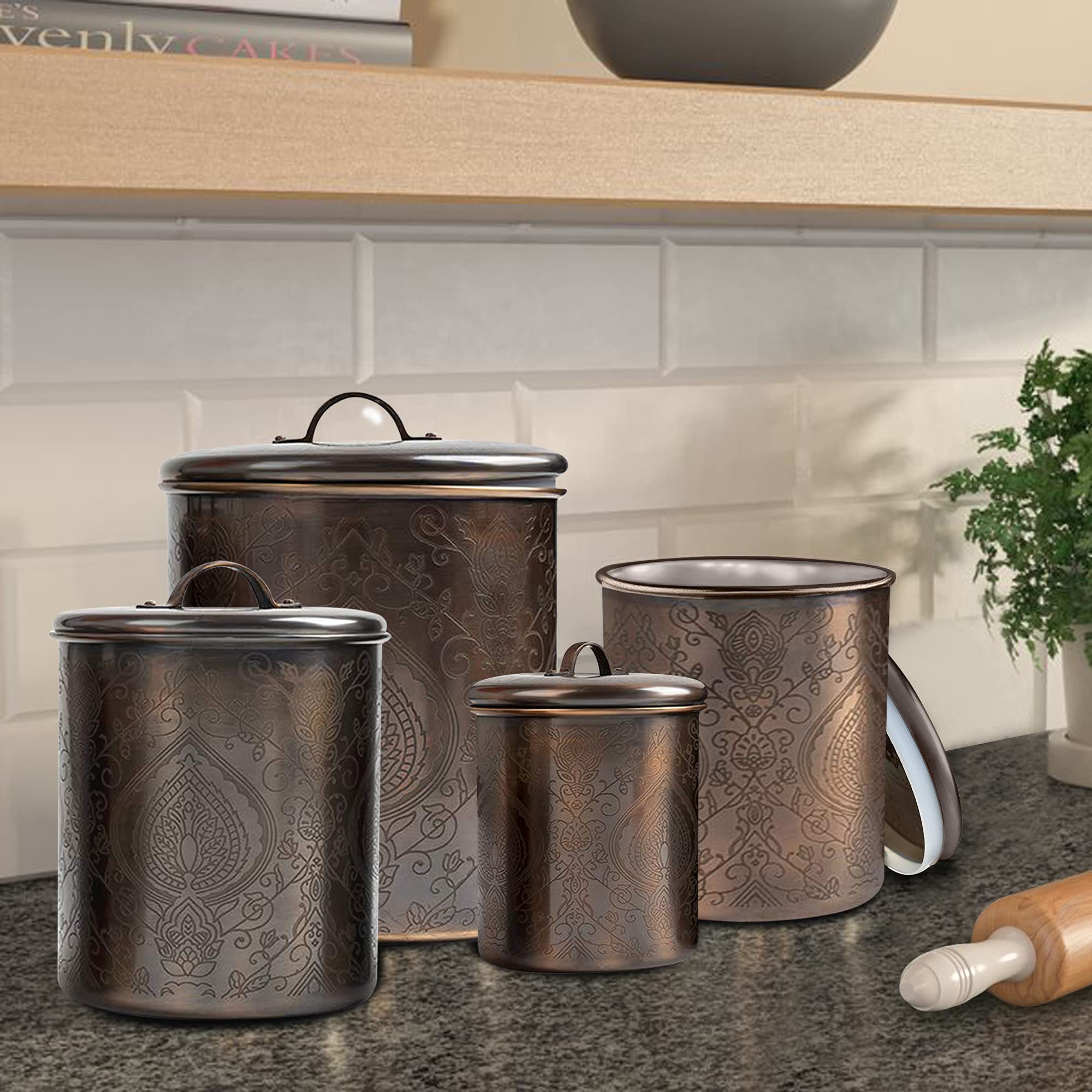 Nu Steel (Set Of 4 Antique Etched Kitchen Organization Canisters Set- Copper & Stainless Steel