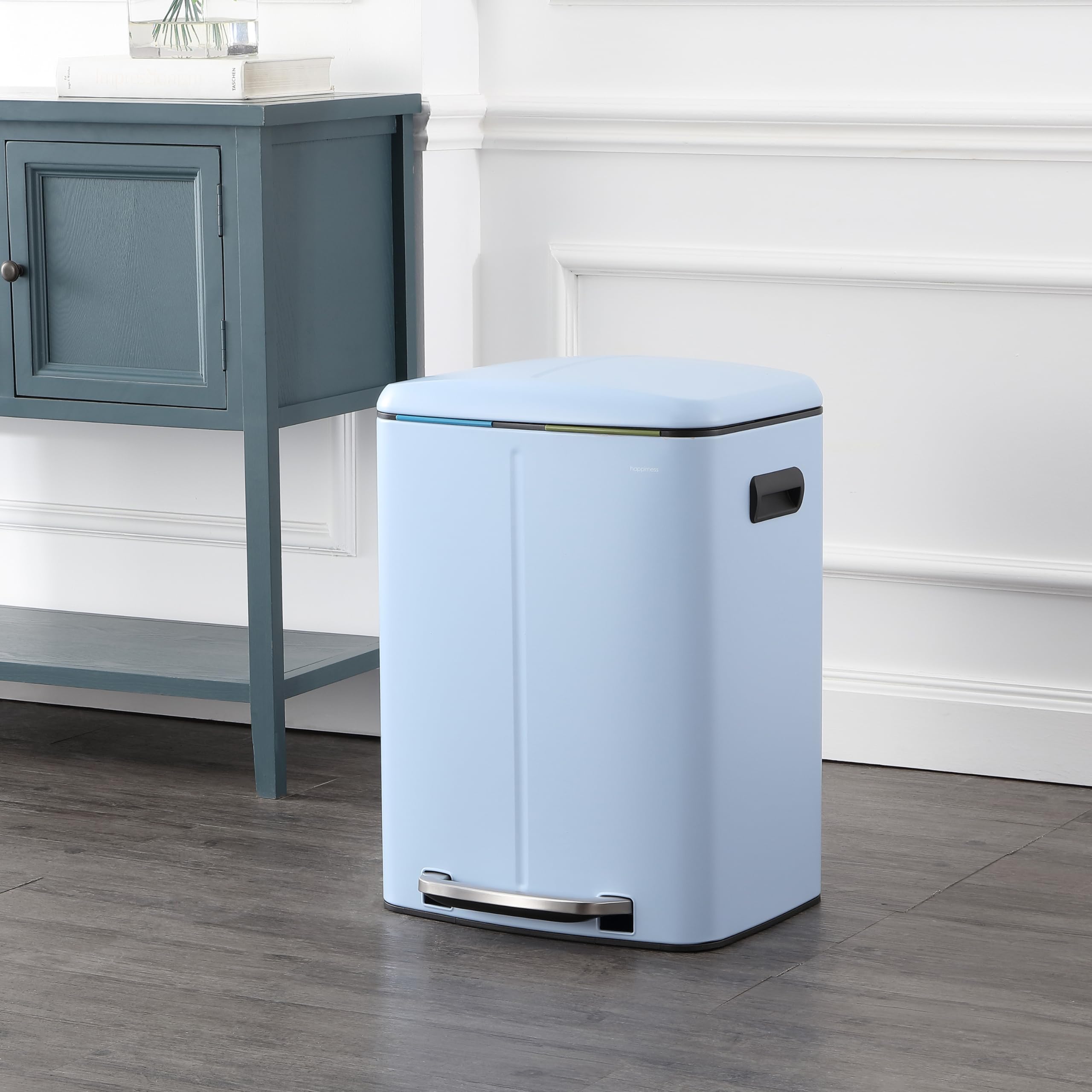 Happimess Hpm1005H Marco Rectangular 10.6-Gallon Double Bucket Trash Can With Soft-Close Lid, Tide Pool Blue, Fingerprint Resist