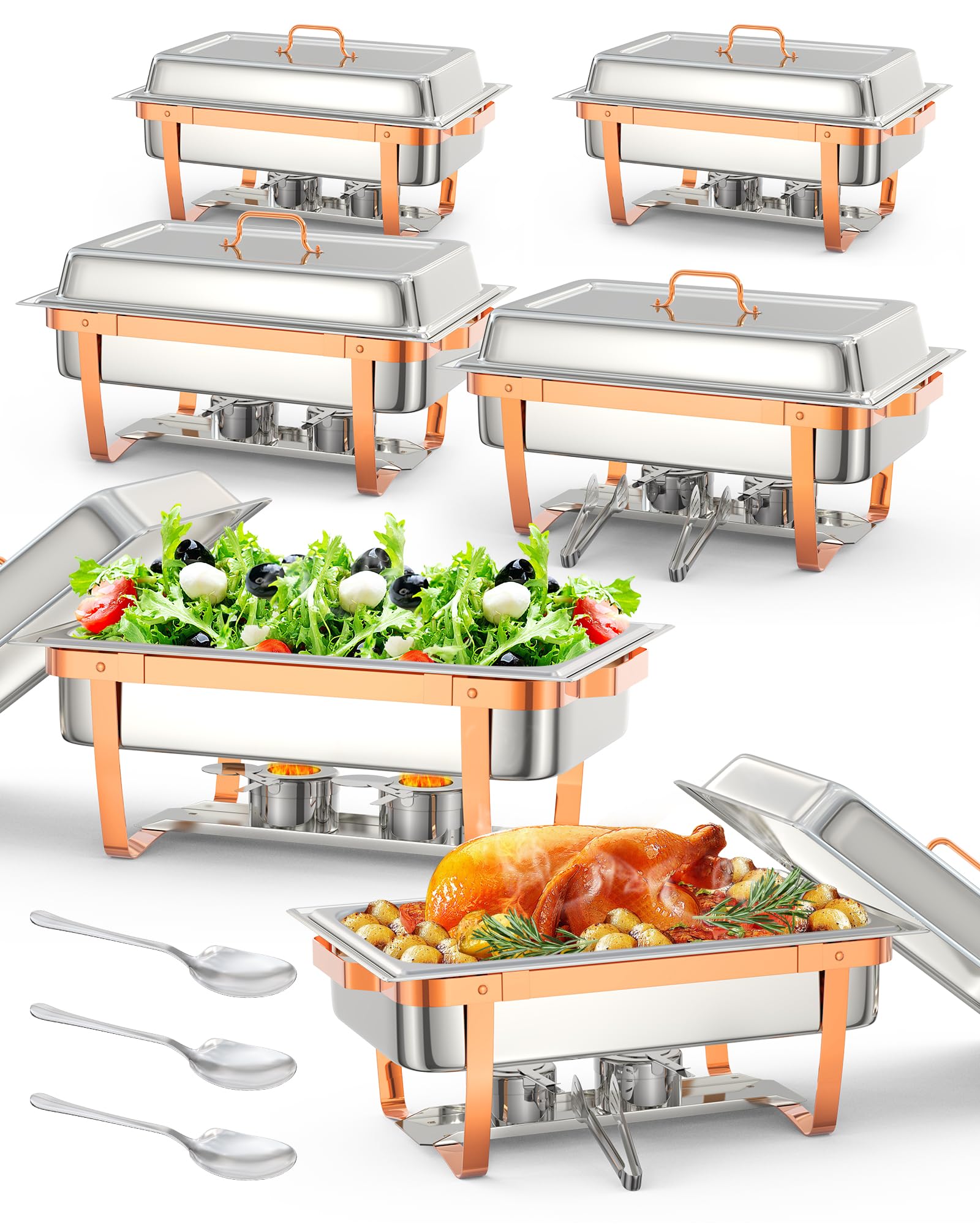 GarveeHome Chafing Dish Buffet Set, 8QT 6 Pack, Rectangle for Buffet w/Lid Holder, Stainless Steel Chafer Food Warmers Servers f