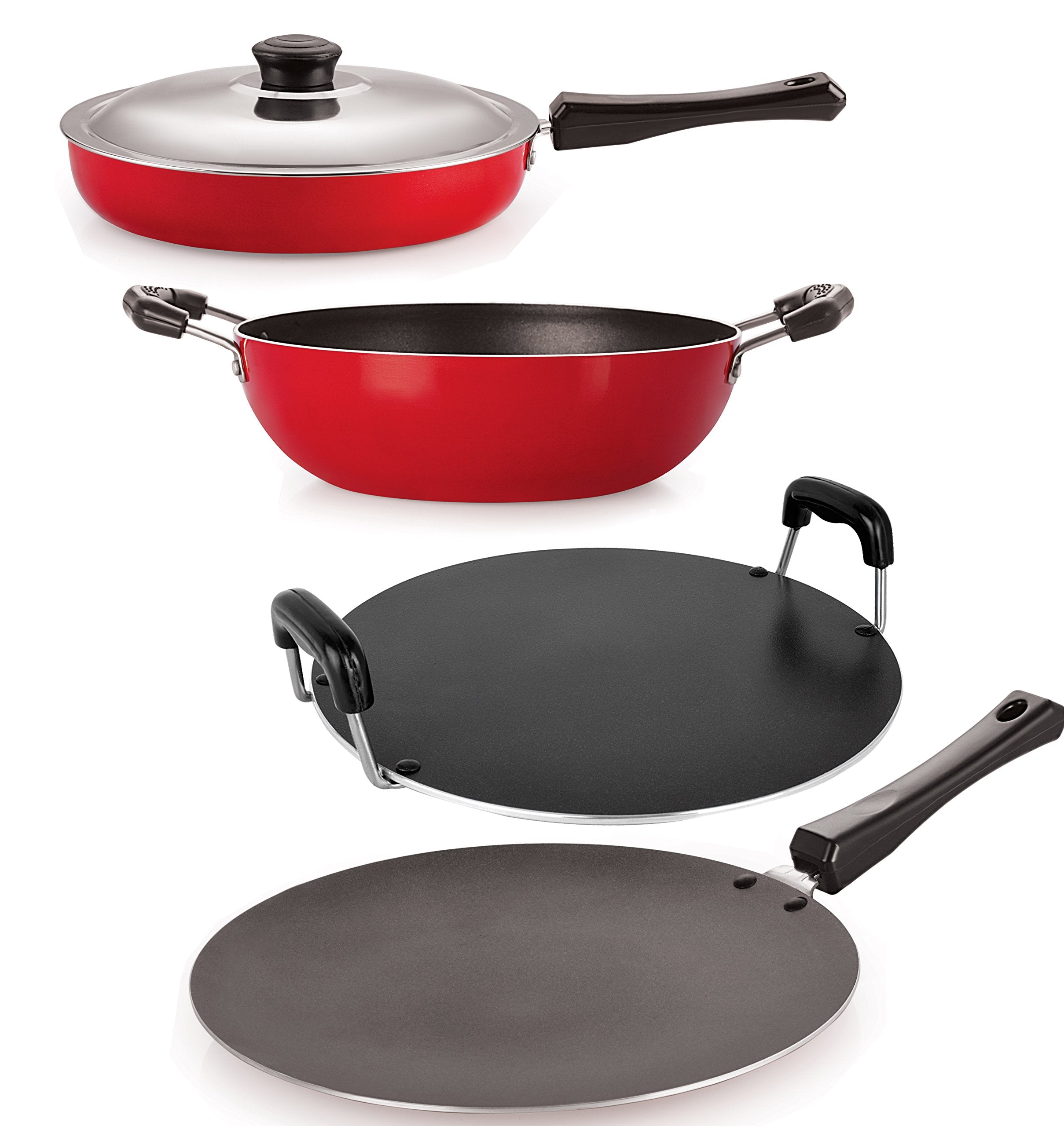 Nirlon NonStick Aluminium Cookware Set, 4Pieces, Red (26_Ct_Fp12_Kd14_Rt)