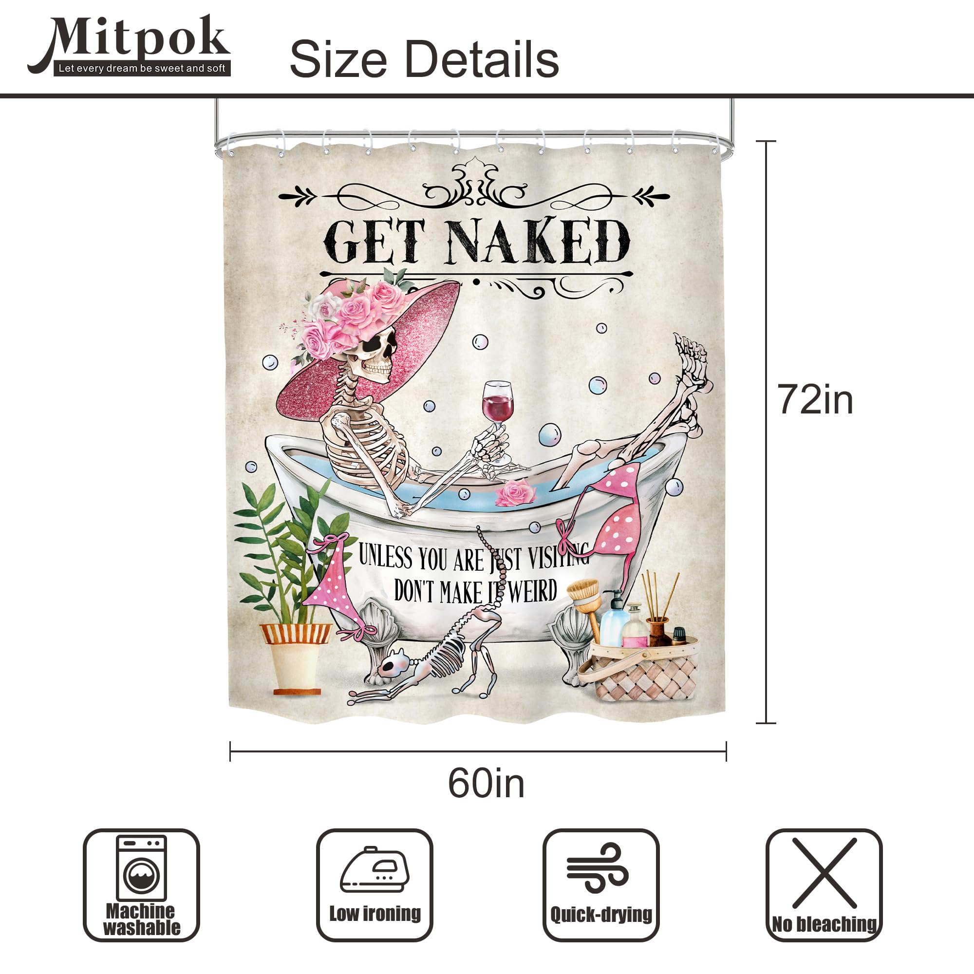 Mitpok Funny Skull Skeleton Shower Curtain 60Wx72H Halloween Gothic Spooky Fashion Girl Pink Bikini Floral Bone In Bathtub Bubbl