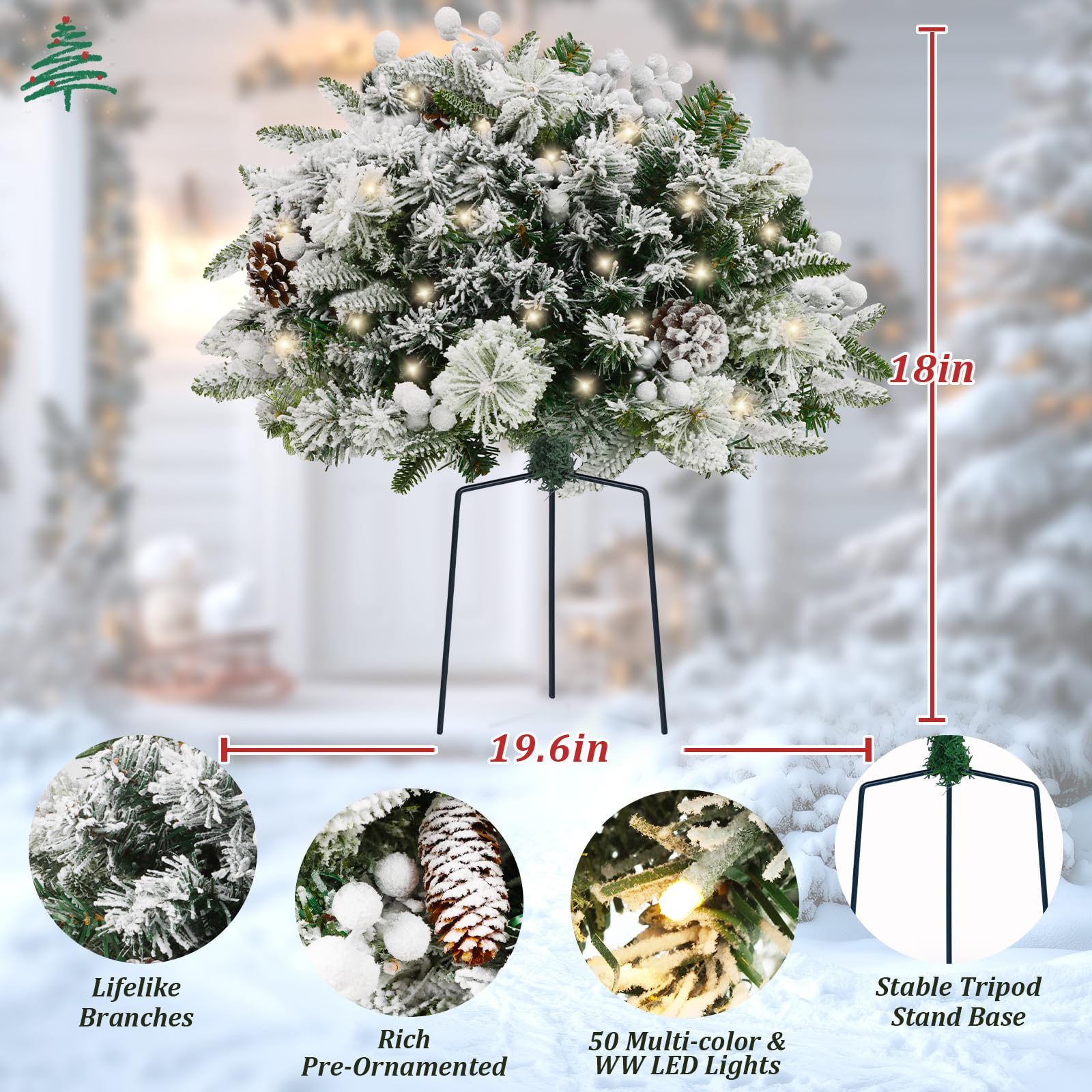 TOWPONICS Set of 2 Flocked Outdoor Christmas Trees Planter Filler, 18in Artificial Lighted Xmas Tree for Front Porch Yard Garden