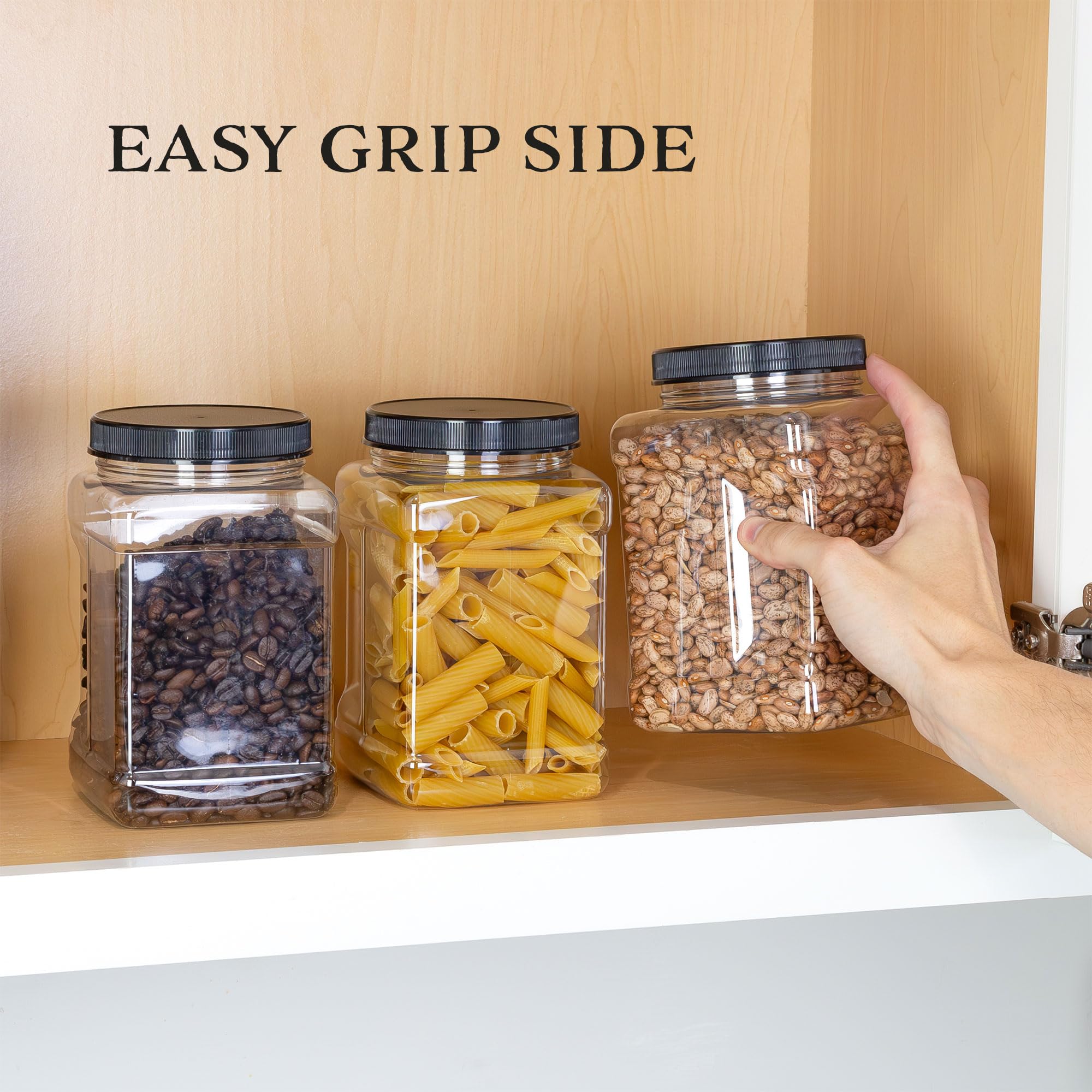 Cornucopia 48Oz Square Plastic Jars (3-Pack); Clear Rectangular 6-Cup Canisters W/Black Lids, Easy-Grip Side