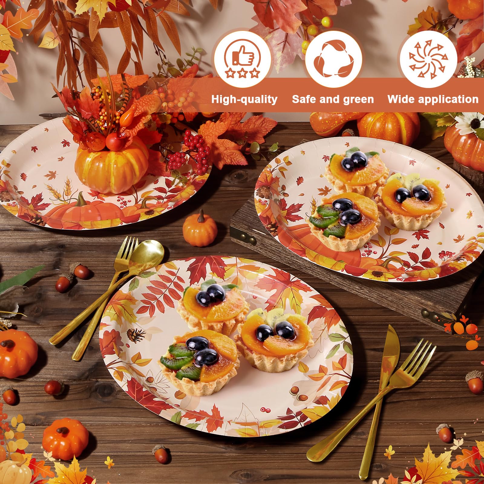 SUMMORO 50 Pcs Thanksgiving Oval Paper Plates 10x12 Large Disposable Fall Party Plates Heavy Duty Autumn Maple Pumpkin Disposabl