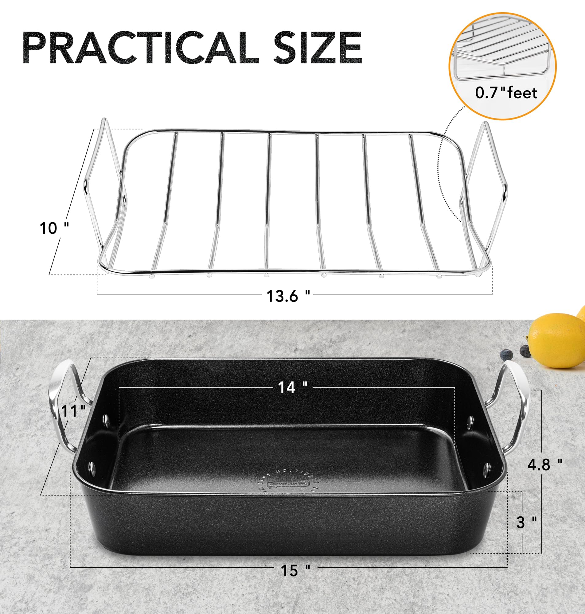 Michelangelo Roasting Pan With Rack, Carbon Steel Turkey Roasting Pan For Oven And Induction, Nonstick Turkey Roaster Pan With S