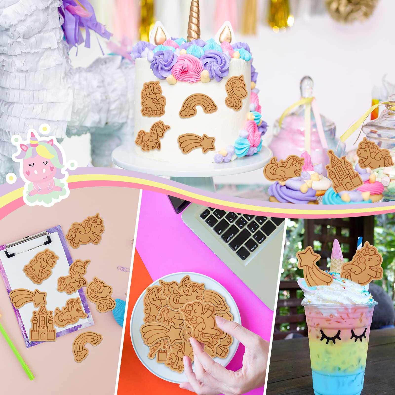 8 Pcs Unicorn Cookie Cutters With Plunger Stamps Set Unicorn Shape Embossing Cookie Stamp Pink Animal Unicorn Cracker Mold 3D Co
