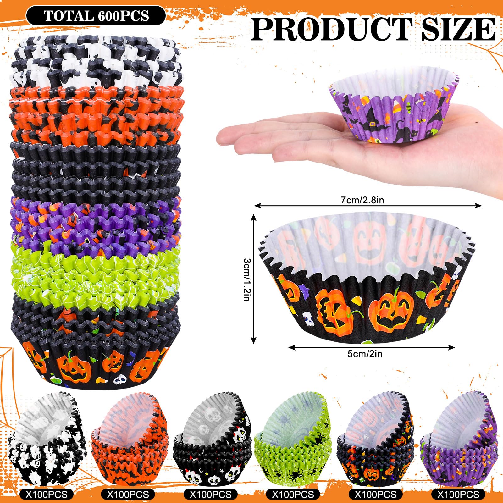 Whaline 600Pcs Halloween Cupcake Liners Pumpkin Witch Legs Bats Ghosts Spiders Skulls Cupcake Wrappers Baking Cups Holders Muffi