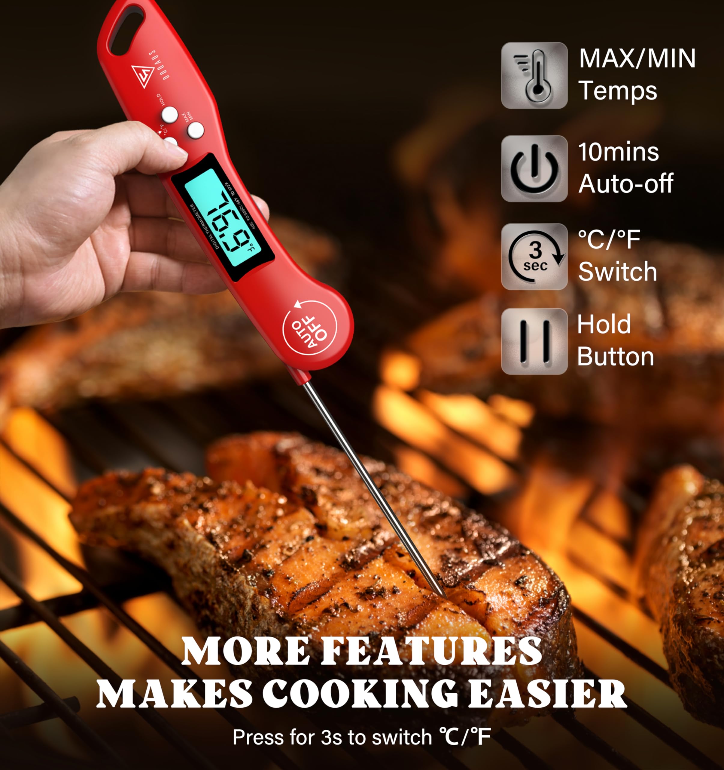 Doqaus Digital Meat Thermometer, 2 Pack Instant Read Food Thermometer For Cooking, Kitchen Probe With Backlit & Reversible Displ