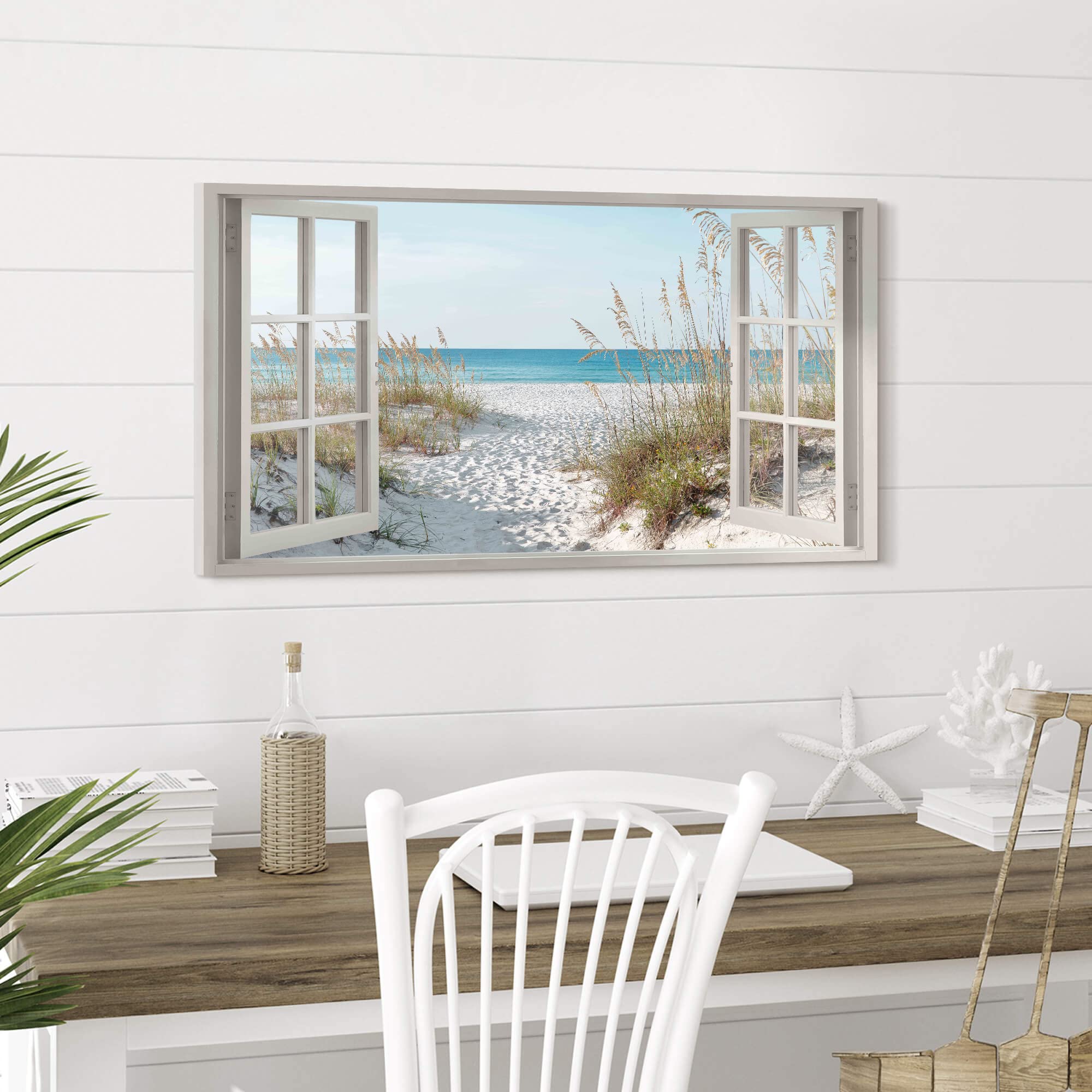 Beach Window Wall Art Canvas: Relaxing Bedroom Living Room Blue Ocean Coastal Scene Picture Modern Tropical Sea Landscape Painti