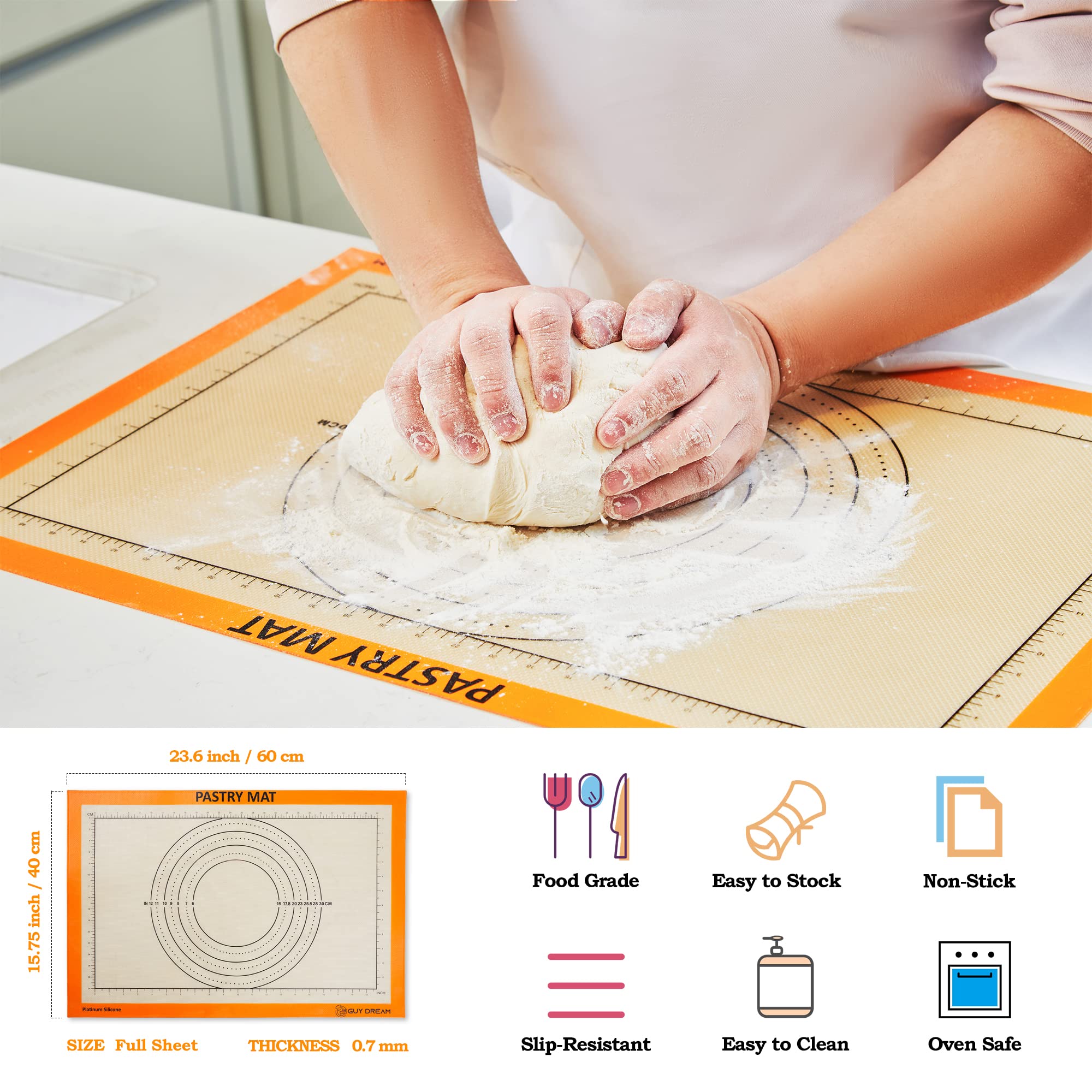 GUY DREAM All-in-One Silicone Baking Mat Set - Kneading Mat, Cookie & Macaron Half Sheet Mat, 1/4 Sheet Mat, Square & Round Cake