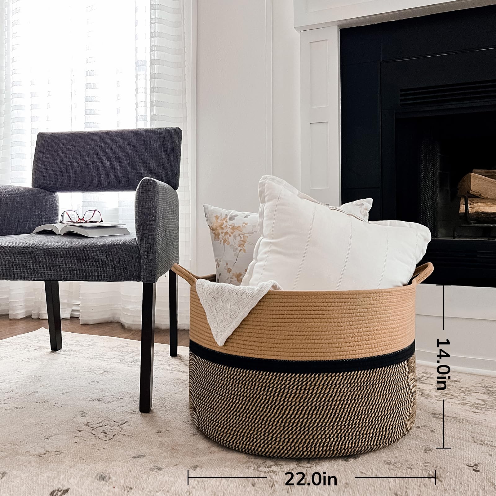 CHICVITA XXL Extra Large Cotton Rope Woven Basket  Throw Blanket Storage Basket with Handles  Decorative Clothes Hamper - 22'' x 22'' x 14''  Black
