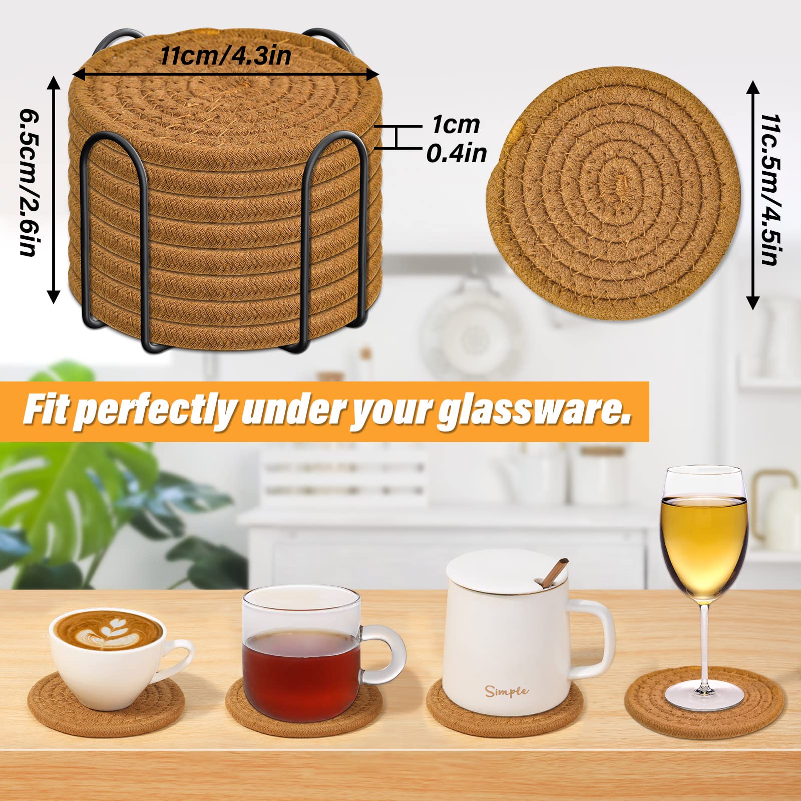 Mckanti 8 Pcs Drink Coasters With Holder, Absorbent Coasters For Drinks, Minimalist Cotton Woven Coaster Set For Home Decor Tabl