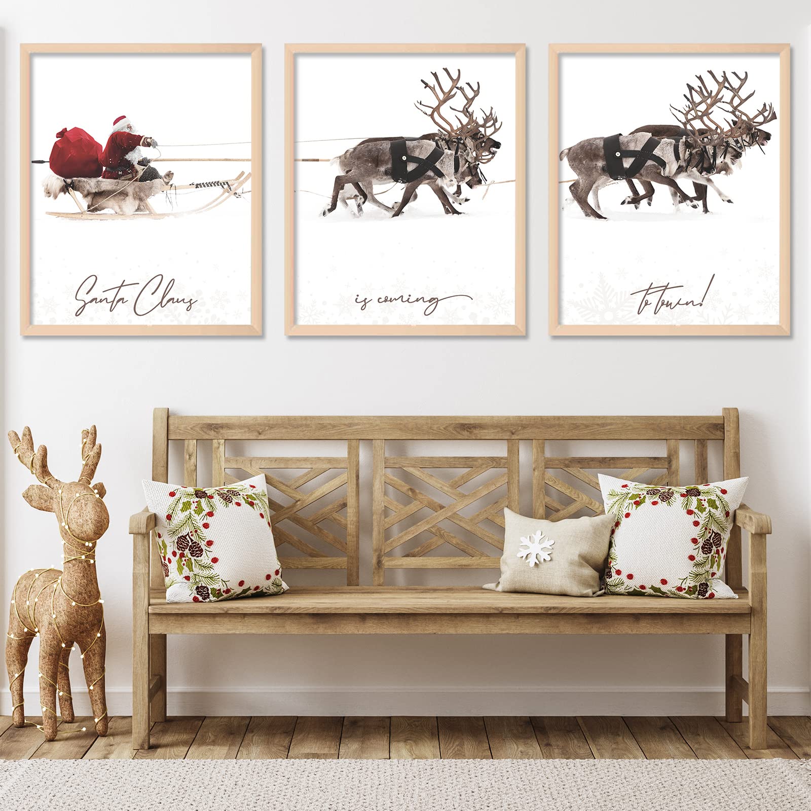 Anydesign 3Pcs Christmas Wall Art Prints 8X10In Santa Claus Reindeer With Sleigh Art Poster Decor Large Aesthetic Xmas Posters R