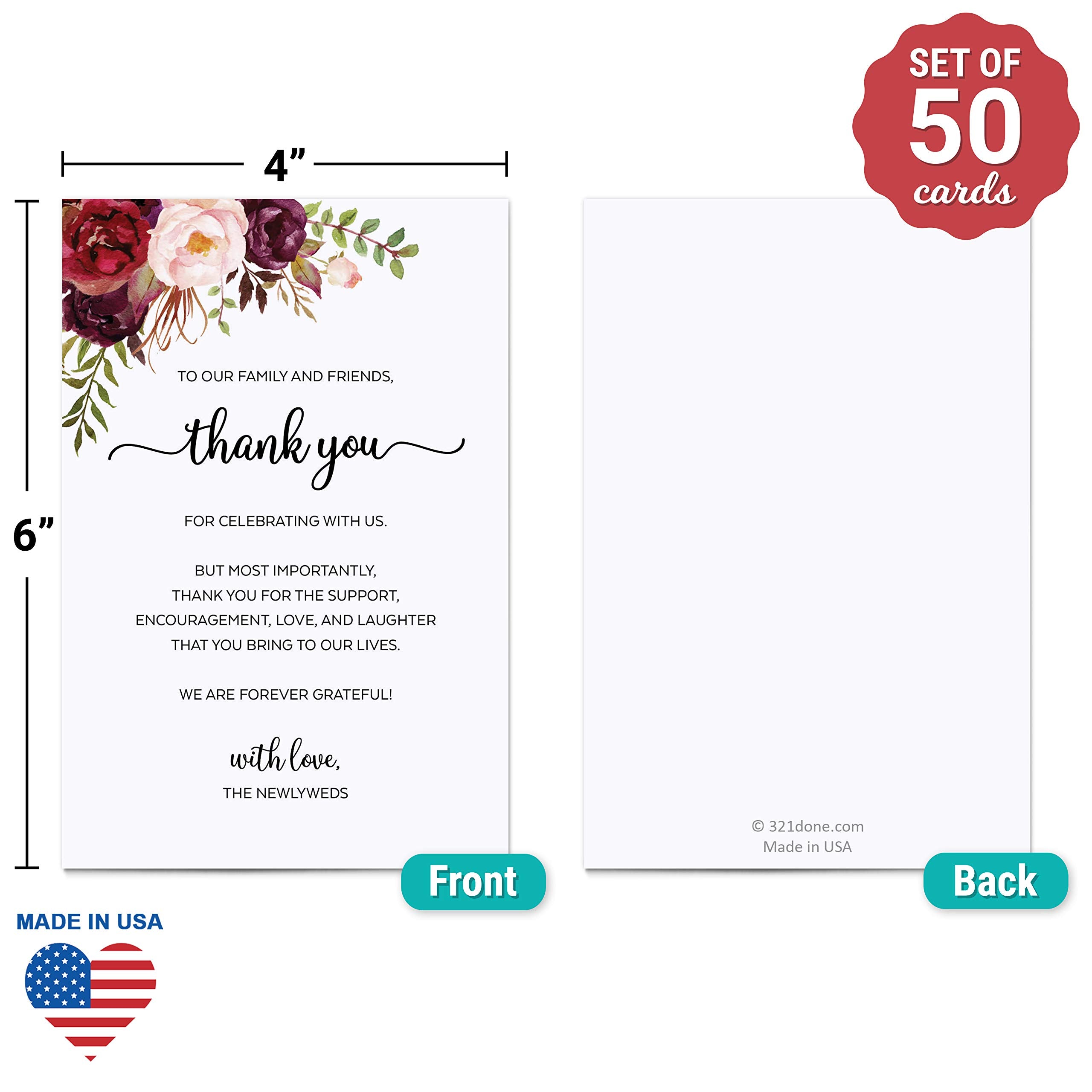 321Done Thank You Placecards For Wedding (Set Of 50) Large 4'' X 6'' Table Place Setting Cards - Made In Usa - Watercolor Red Ro