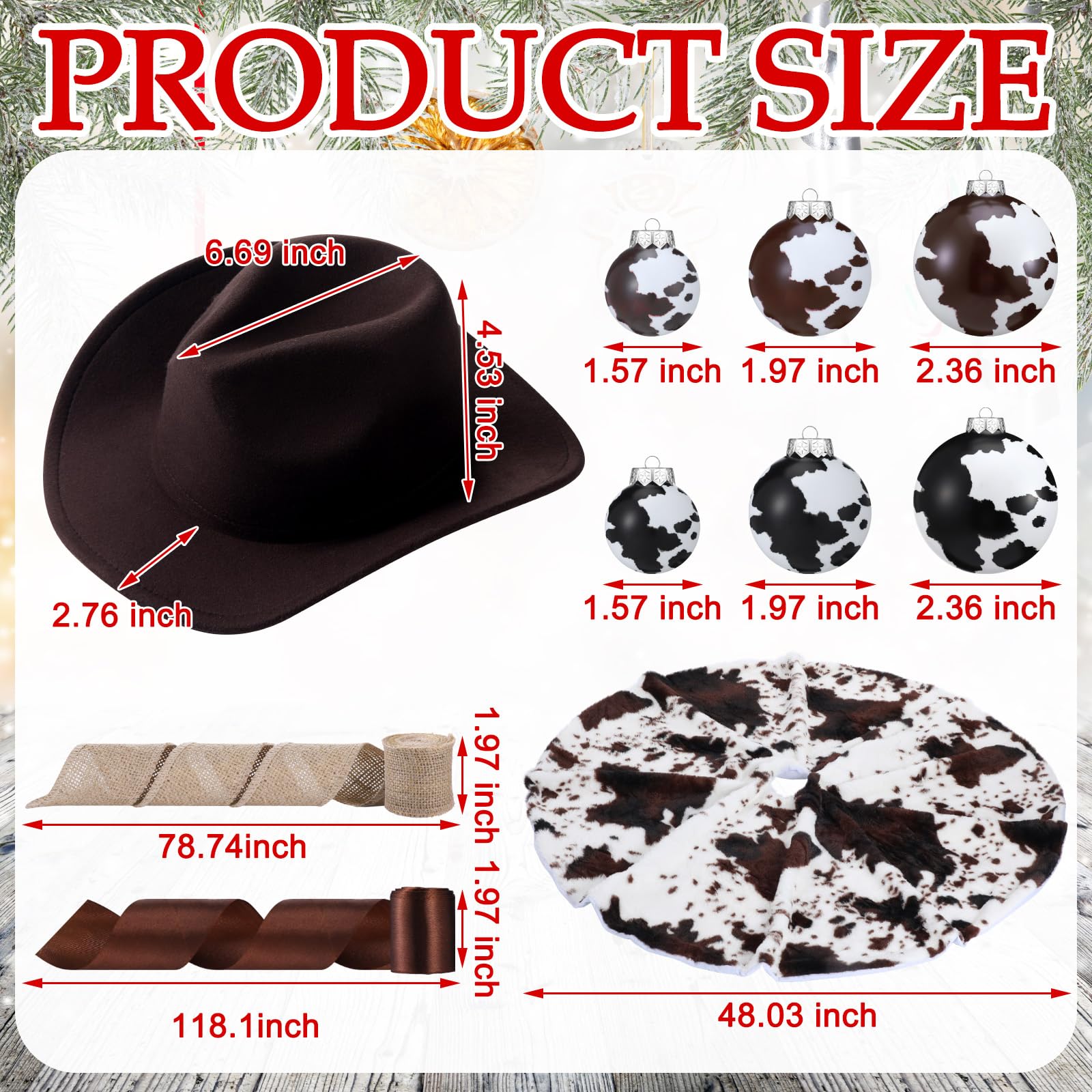 Sosation 29 Pcs Western Cowboy Christmas Tree Decor Set, Including 24 Pcs Cowhide Printed Christmas Balls, 1 Rustic Cowboy Hat,