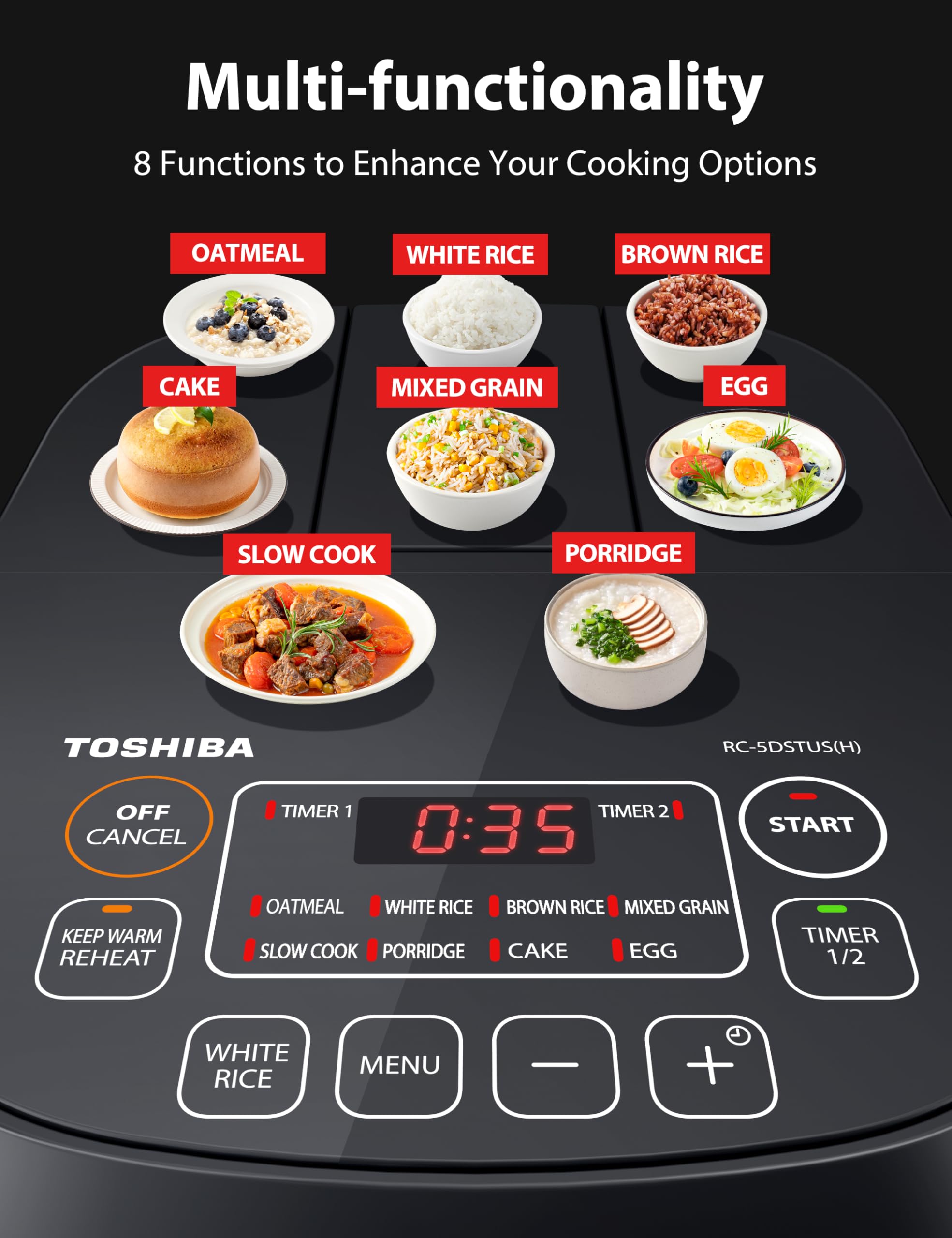 Toshiba Rice Cooker Small 3-Cup Uncooked- Lcd Display With 8 Cooking Functions: Rice, Oatmeal, Mixed Grains And More, Nonstick I