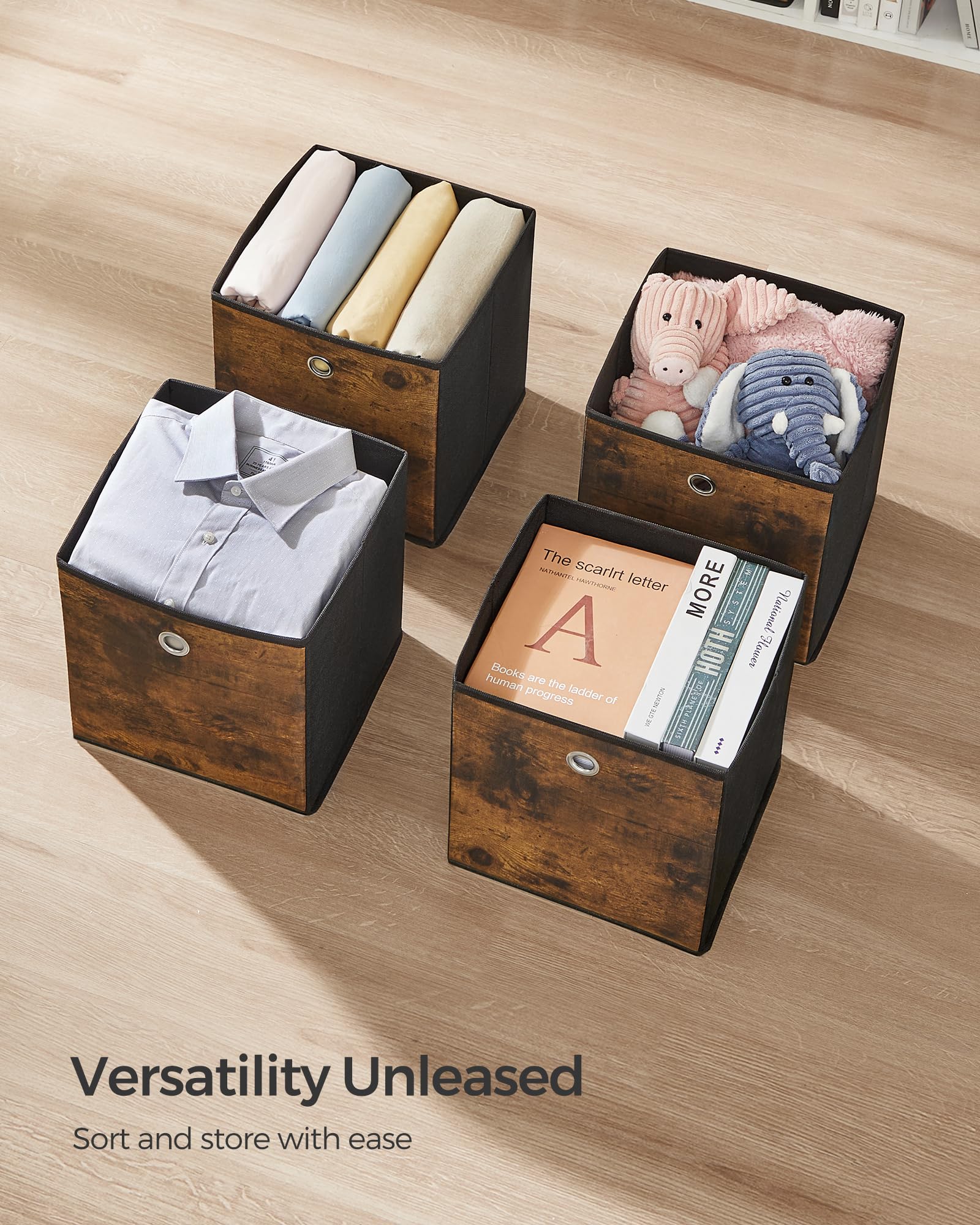 SONGMICS Storage Cubes  Set of 6 Storage Bins with Handles  Foldable Oxford Fabric and Non-Woven Fabric Storage Boxes  10.2x10.2x11 Inches  Fit Cube Storage Unit  Rustic Brown and Black URFB126B01