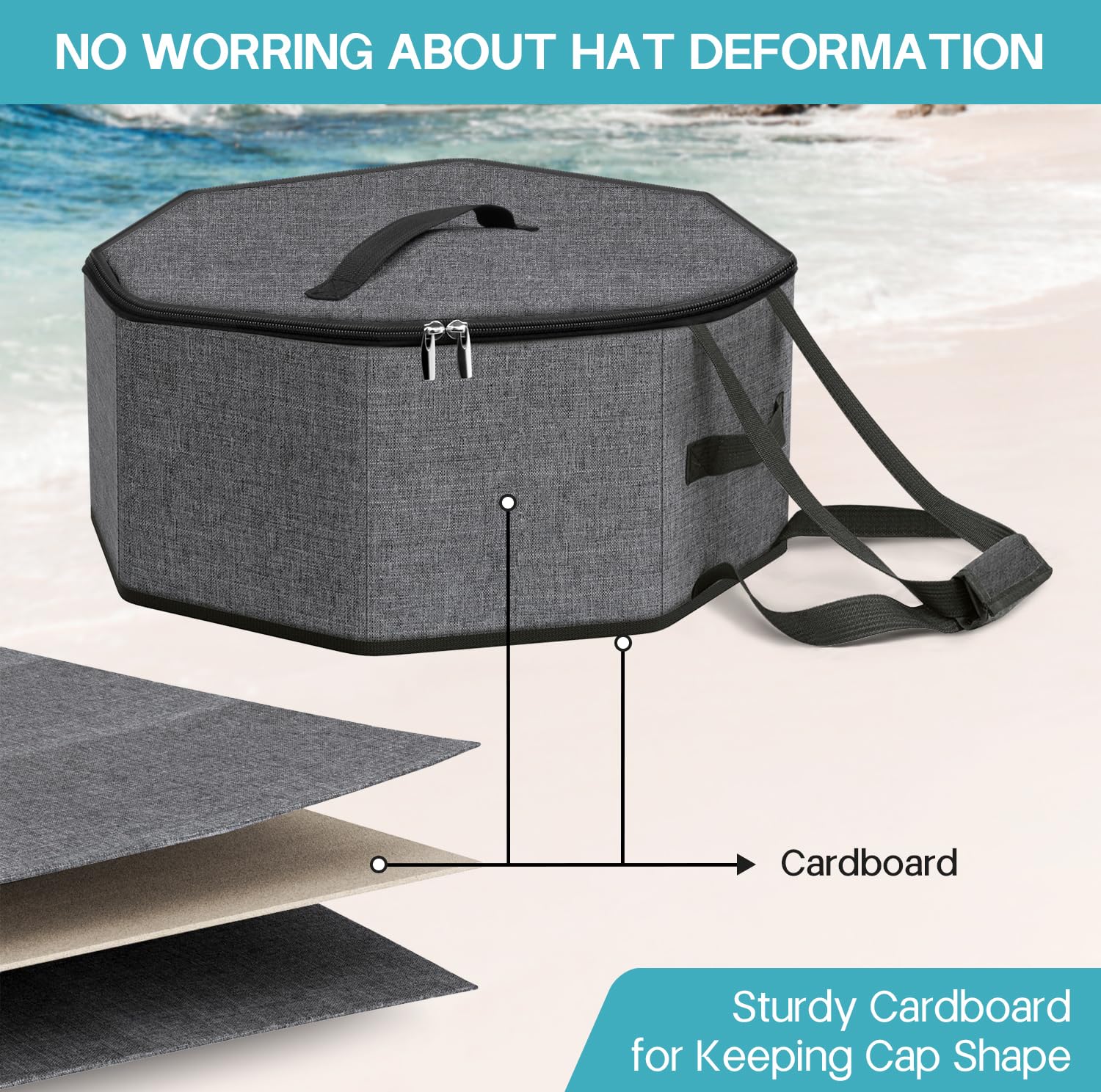 SLEEPING LAMB Collapsible Hat Box Organizer, 16''L x 7''H, Grey Fabric Case for Travel & Storage, Model QB0115-Hat-GY