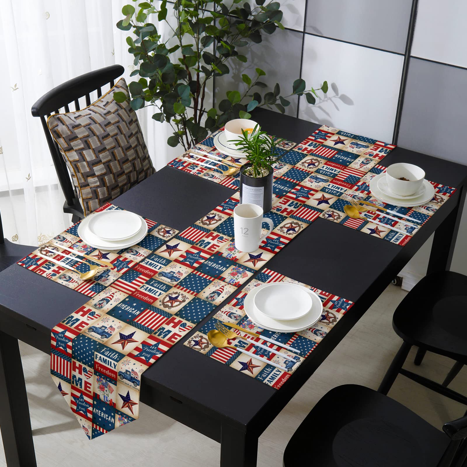 Independence Day Lattice Table Runner Linen Burlap Dresser Scarves, Retro 4Th Of July Table Runners For Holiday Party, Kitchen D