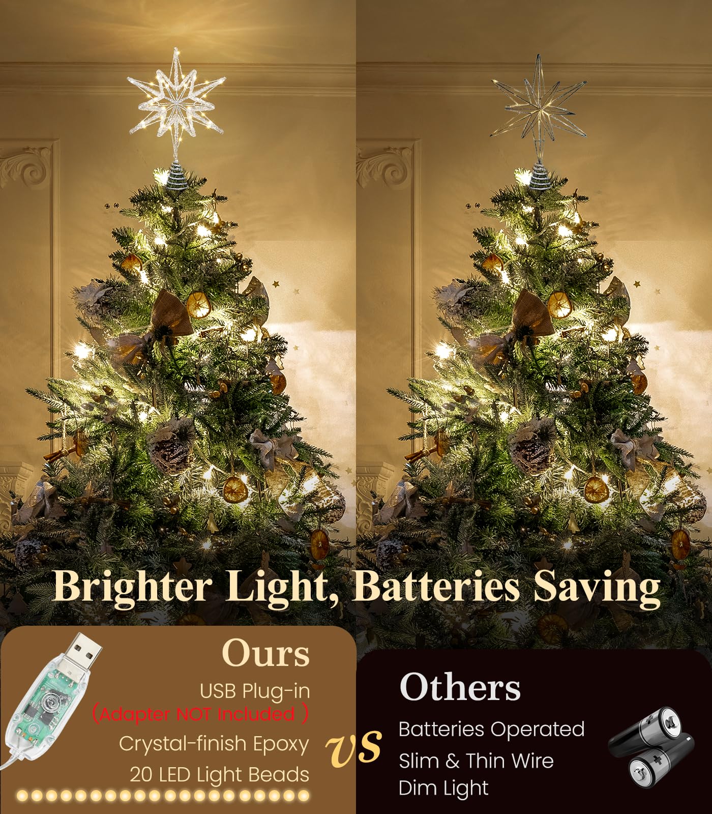 Luxspire Christmas Tree Topper, Lighted Star Tree Topper with USB Plug-in & Remote Control, 9.8 LED Metal Christmas Decorations