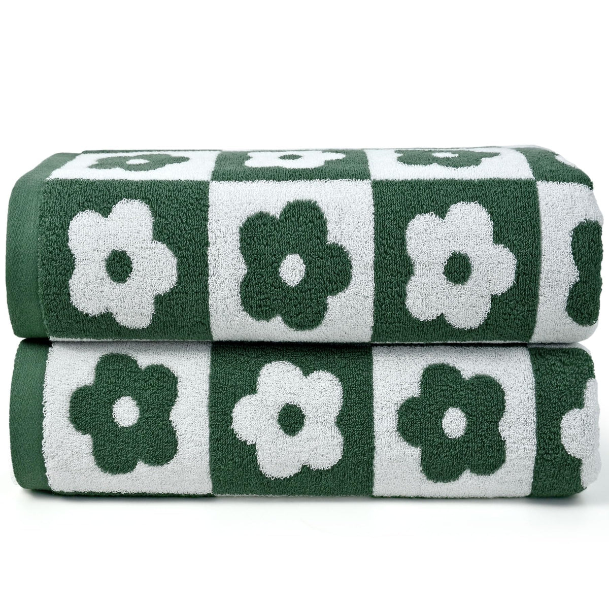 Jacquotha Bath Towels Set Of 2 Checkered Floral - Quick Dry Cotton Towels Decorative In Forest Green & White, Bathroom Essential