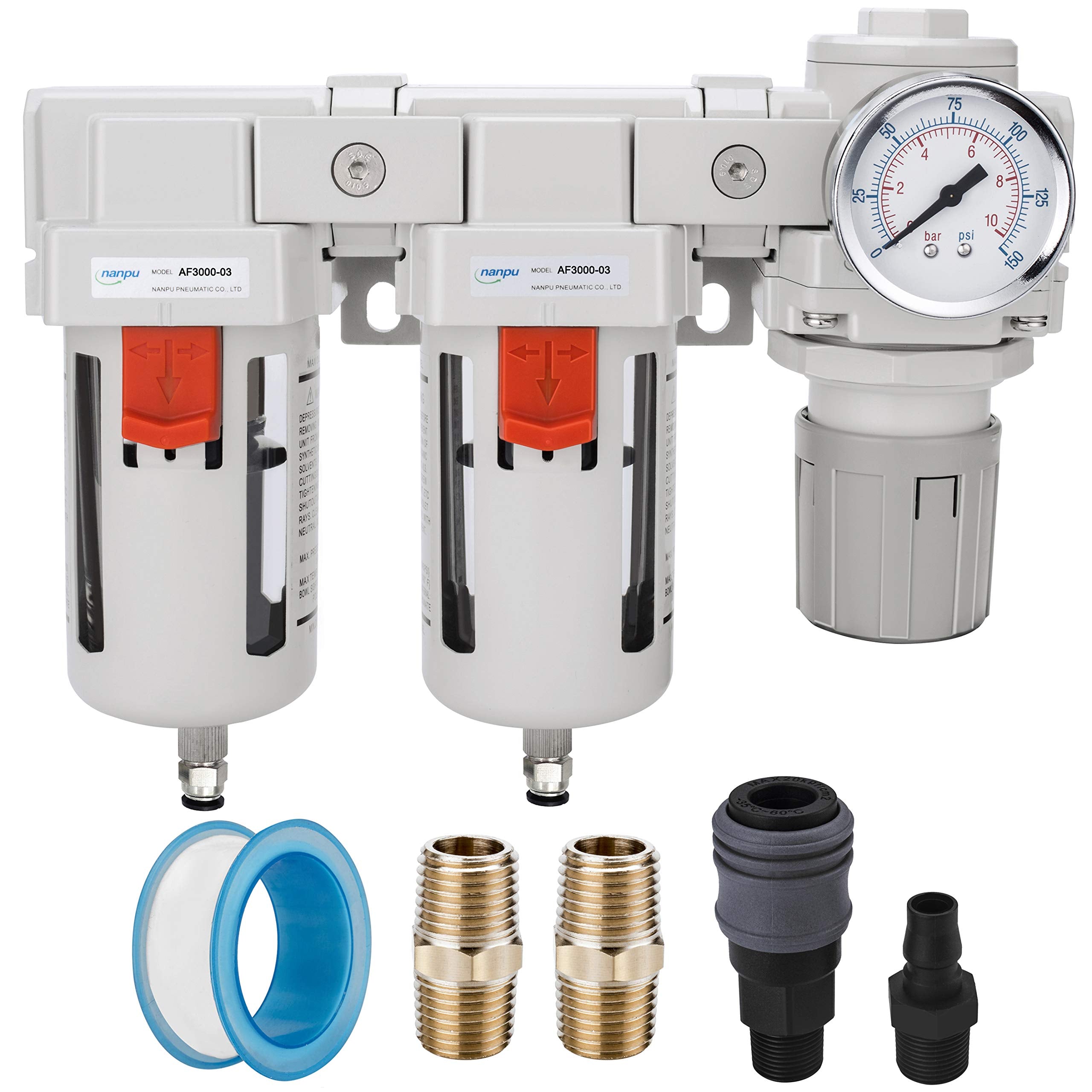 Nanpu Dfr-03 38 Npt Air Drying System - Double Air Filters, Air Pressure Regulator Combo - Semi-Auto Drain, Poly Bowl