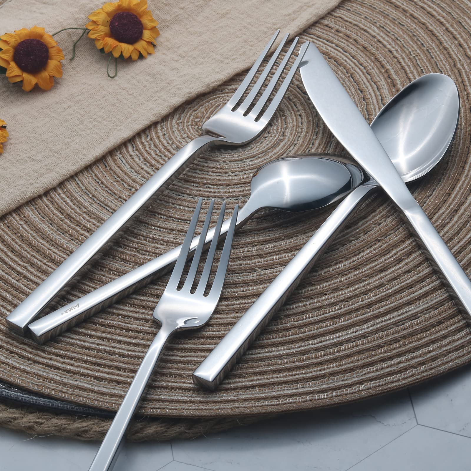 Alata Cube 20-Piece Forged Stainless Steel Flatware Set Cutlery Set,Silverware Set Service For 4,Mirror Finish,Dishwasher Safe