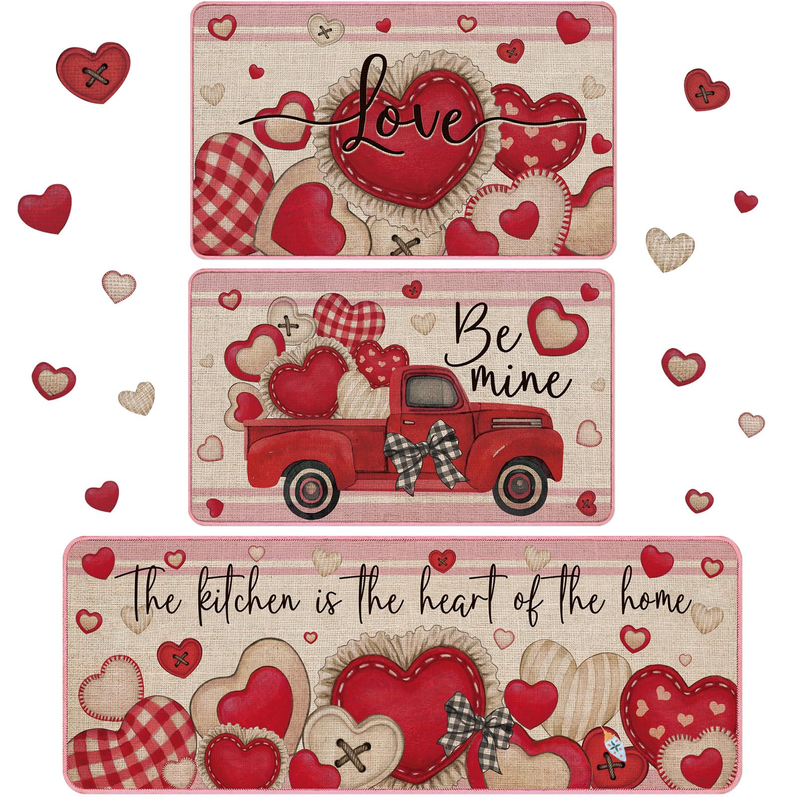 Drydiet 3 Pcs Retro Valentines Kitchen Mat and Rug Non Slip Doormat Washable Waterproof Floor Mats Farmhouse Holiday Kitchen Dec