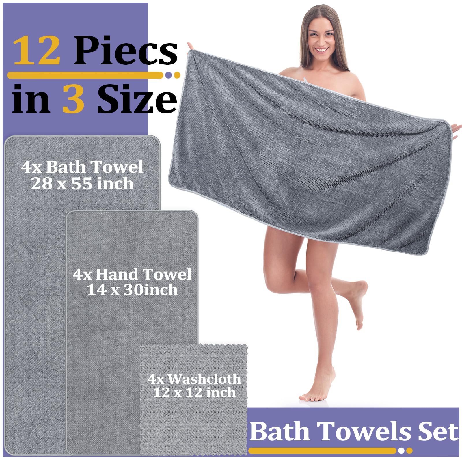 Preboun 12 Pcs Towels And Washcloths Sets Bath Towel Set Include 4 Bath Towels 4 Hand Towels 4 Washcloths, Quick Dry Coral Velve