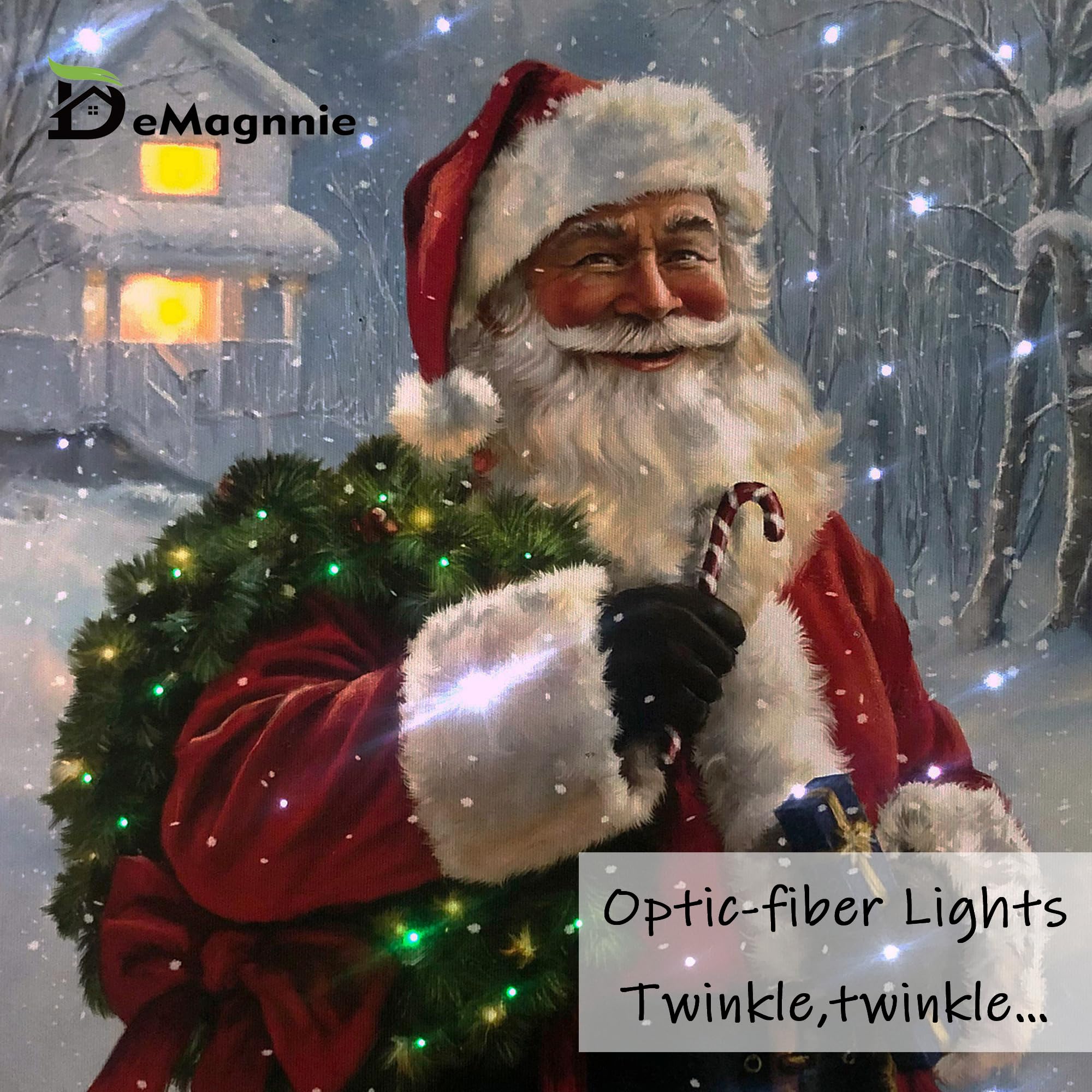 Led Canvas Wall Print Art With Timer, Light Up Pictures With Fiber Optic Lights, Powered By Batteries, Santa Painting Lit Up Can